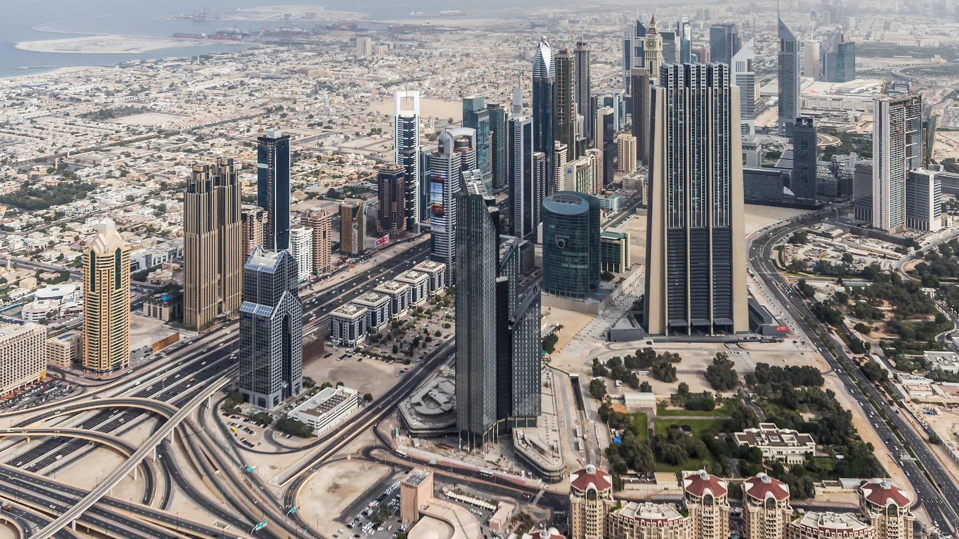 tower, multiple lane highway, nature, aerial photography, 1080P, crowded, skyscrapers, cityscape, city, modern, united arab emirates, transportation, office building exterior, HD Wallpaper