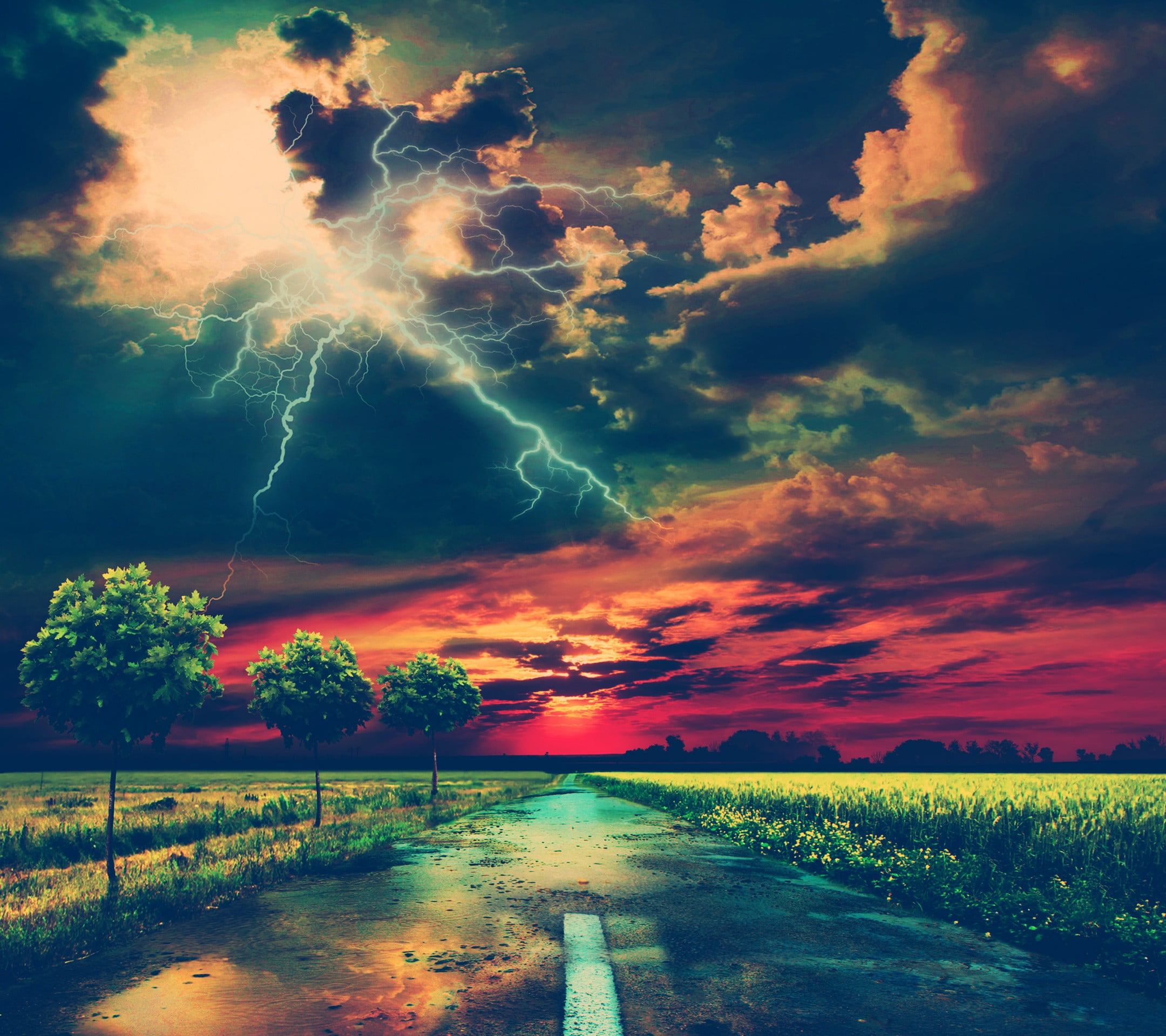 outdoors, green, road, storm, sunset, tree, tranquility, no people, plant, water, dramatic sky, scenics - nature, growth, lightning, 1080P, beauty in nature, HD Wallpaper