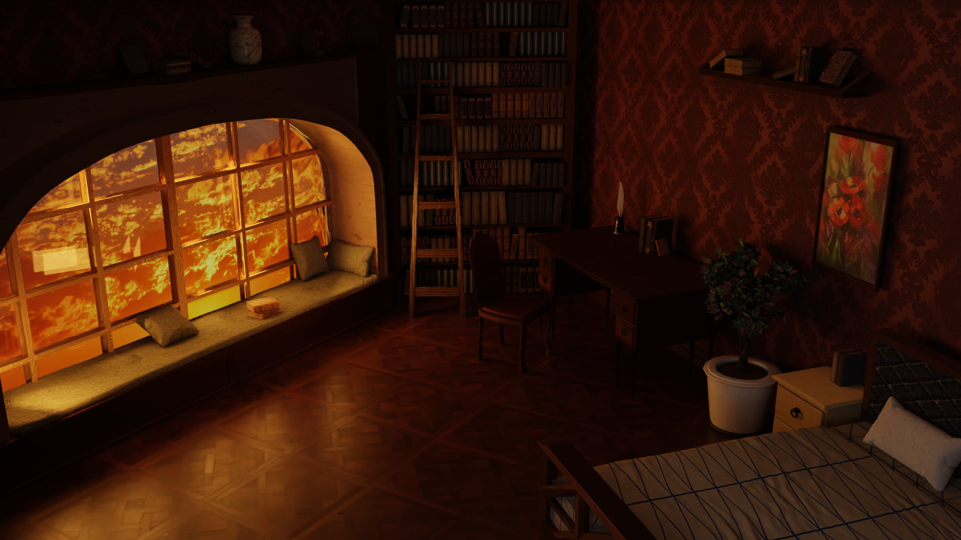 3D graphics, warm, sunset, warm colors, warm light, 1080P, Archviz, living rooms, HD Wallpaper