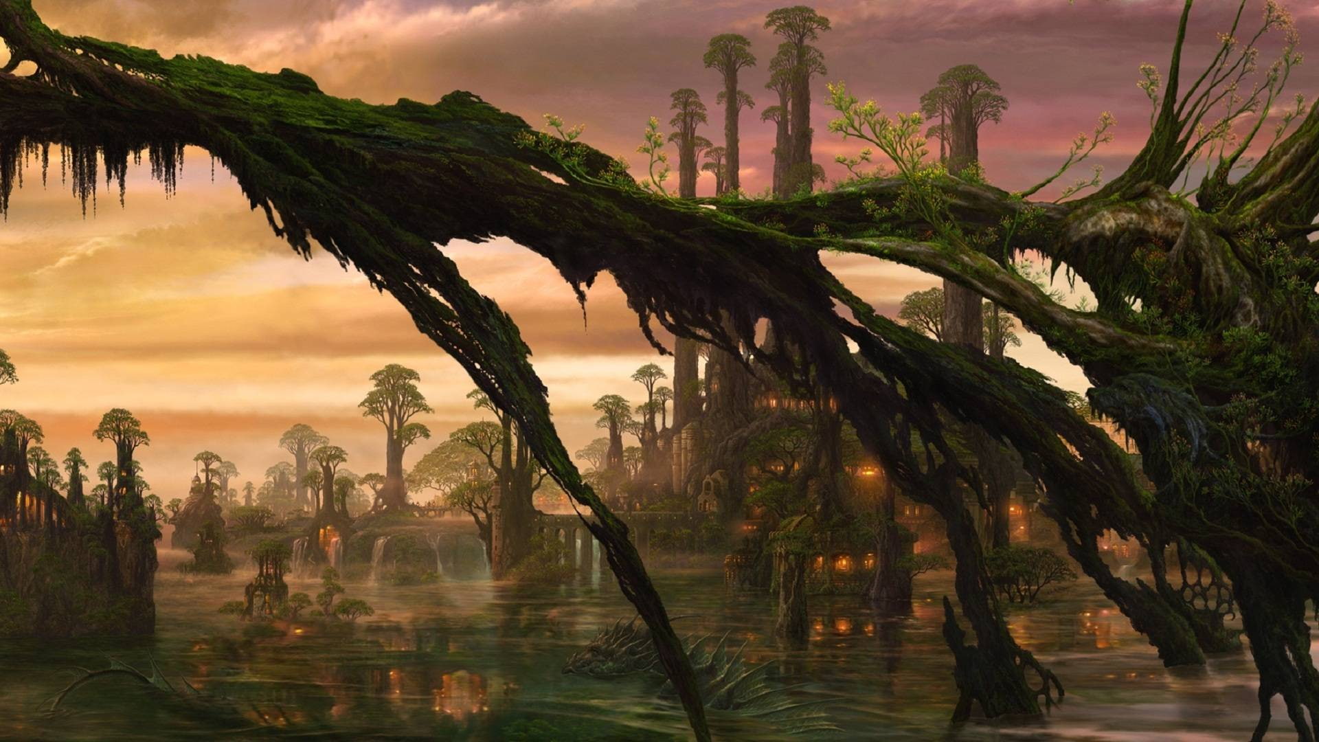 filled, lake, houses, building, branch, wood, 1080P, near, photo, others, moss, swamp, tree, HD Wallpaper