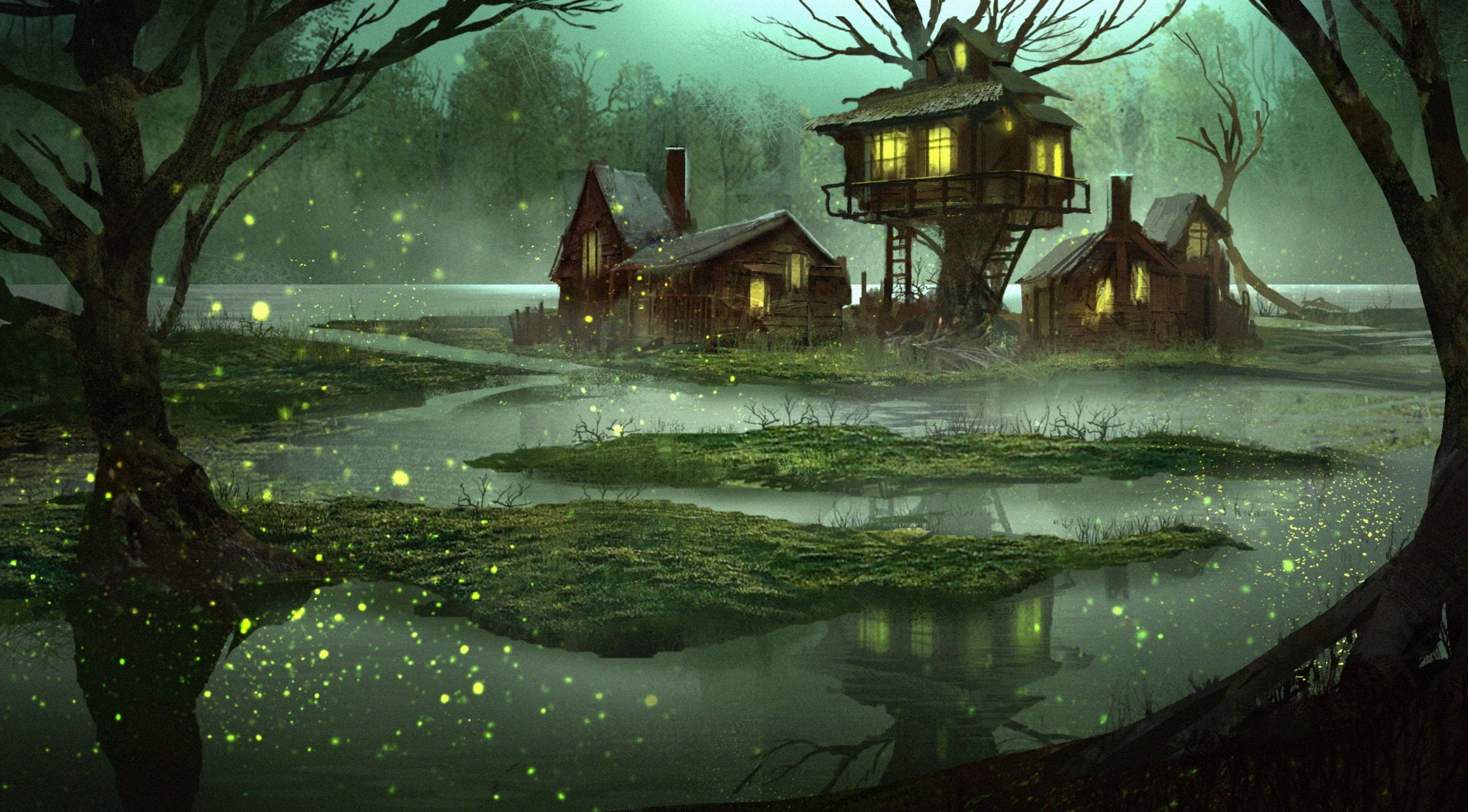 Swamp, waterfront, building, no people, tree, built structure, nature, Fantasy, House, place of worship, 1080P, art and craft, outdoors, architecture, HD Wallpaper