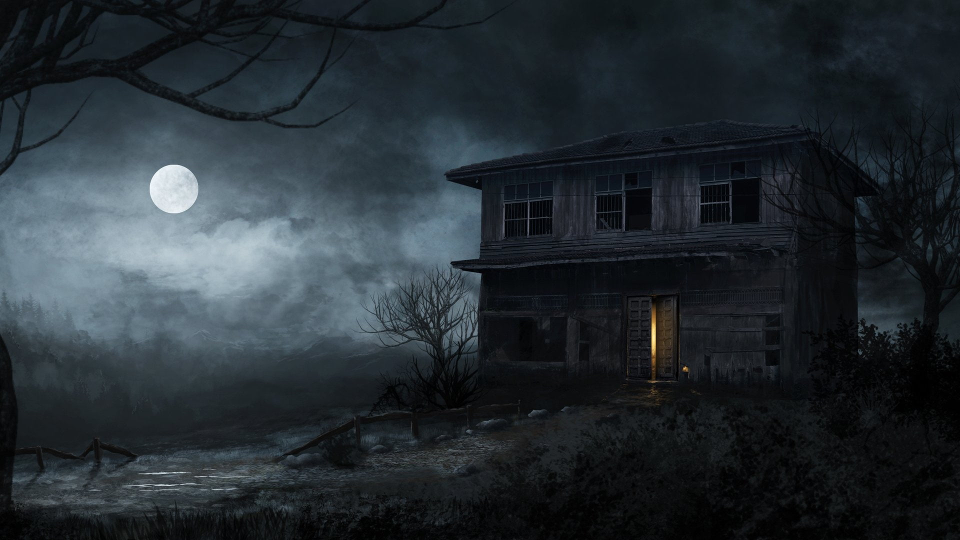 house, 1080P, Moon, digital art, night, moonlight, Swamp, HD Wallpaper