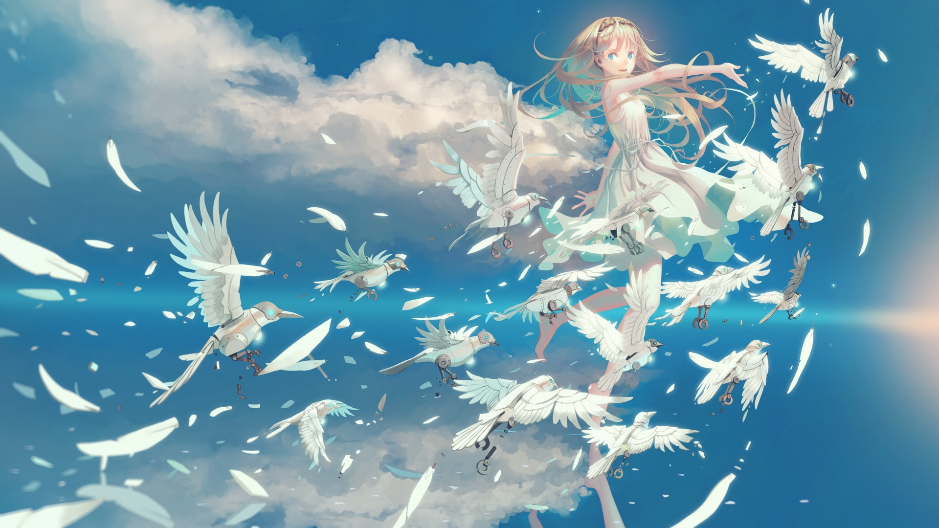 outdoors, sunlight, plant, beyond the clouds, underwater, Anime, group of animals, 1080P, nature, no people, school of fish, cyborg birds, feathers, swimming, HD Wallpaper