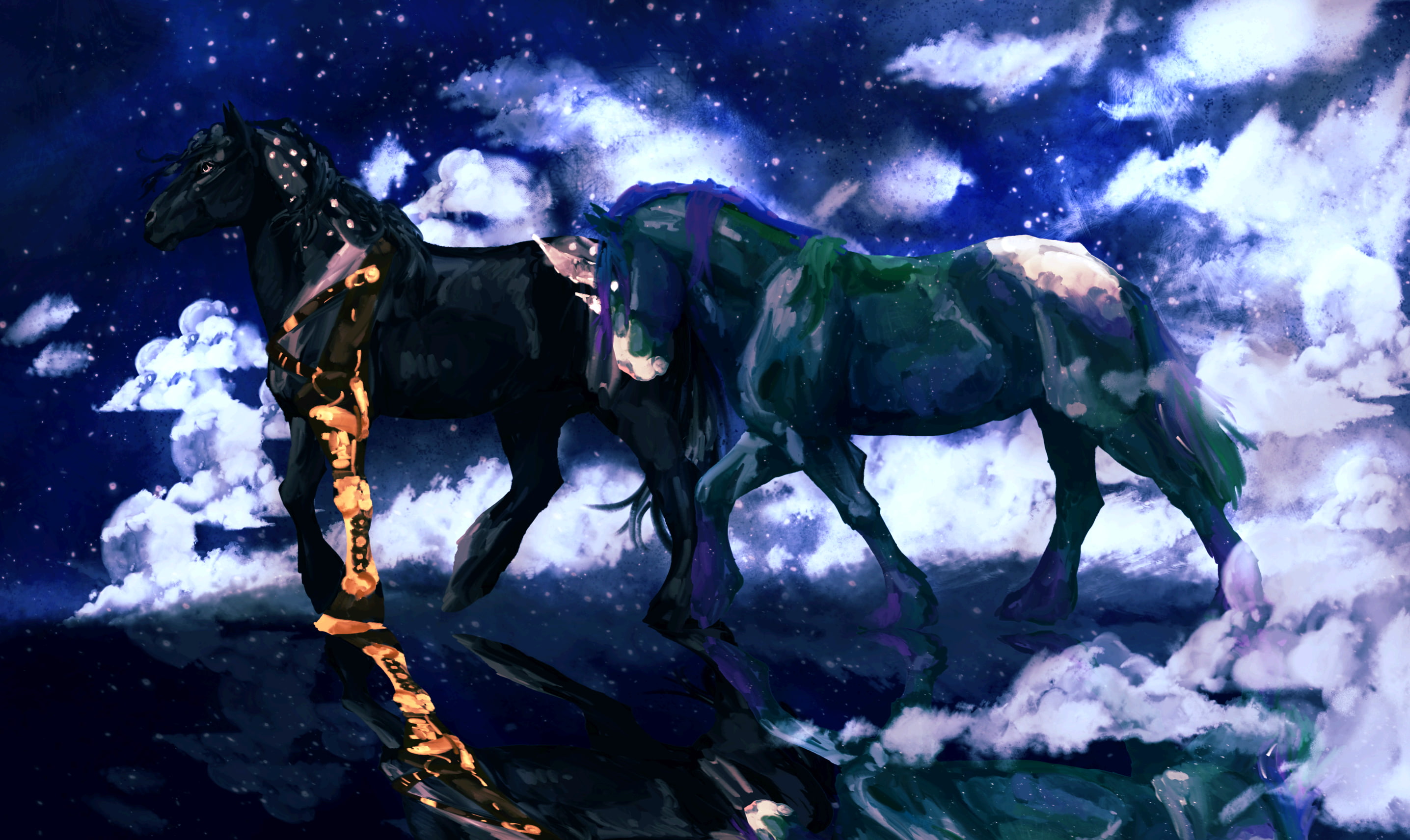 nature, 2K, snow, domestic, sky, night, horse, animal, winter, outdoors, beyond the clouds, Fantasy, one animal, cloud - sky, artwork, no people, vertebrate, HD Wallpaper