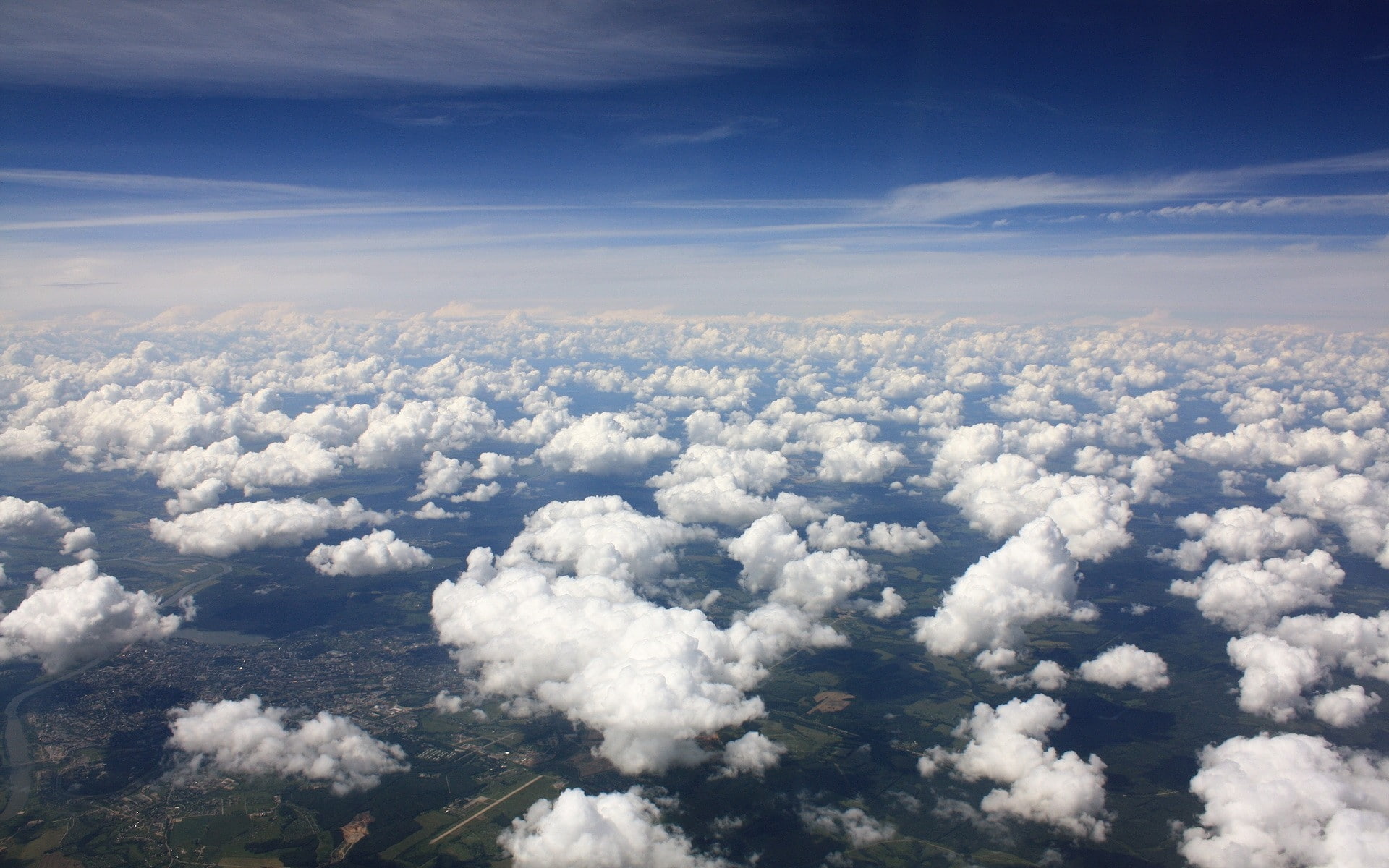 meteorology, softness, atmosphere, white color, sky, scenics - nature, cloud - sky, day, cloudscape, high angle view, 1080P, backgrounds, flying, beyond the clouds, HD Wallpaper