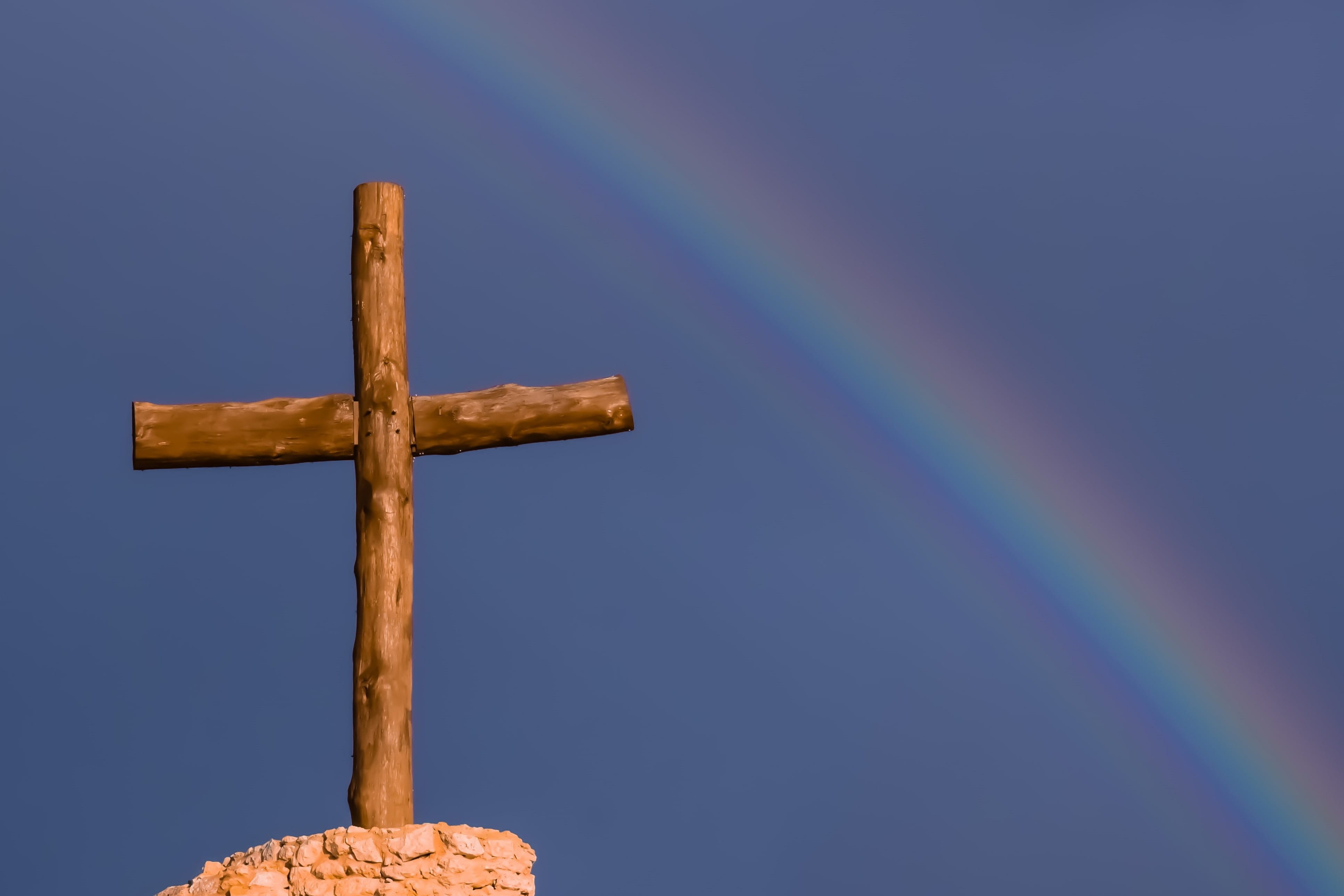hope - concept, copy space, day, idyllic, faith, sky, blue, Cross, Religion, 4K, colors, Rainbow, sign, beauty in nature, clear sky, spirituality, outdoors, HD Wallpaper