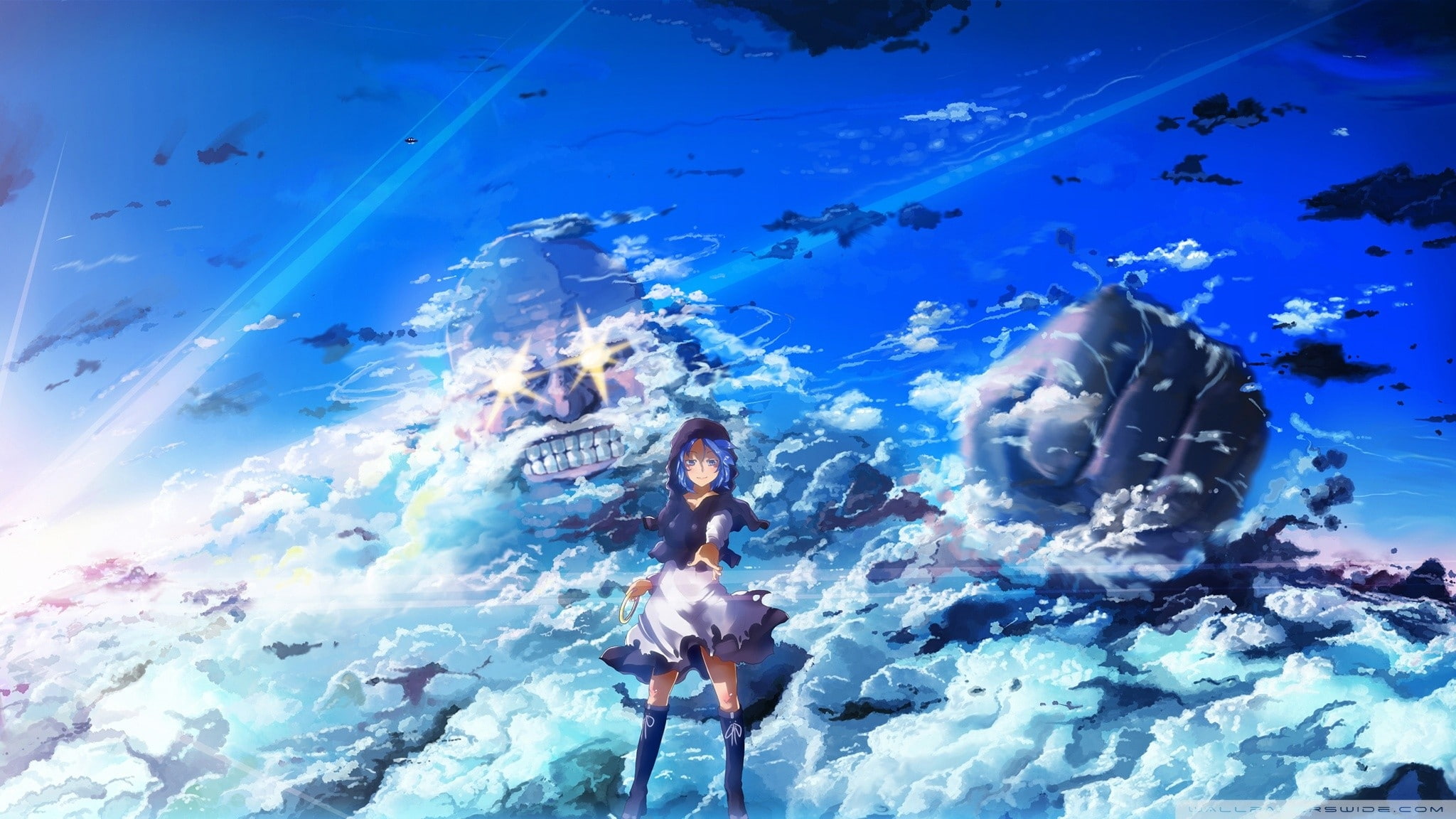 fish, 1080P, marine, school of fish, sea, underwater, sky, nature, aquarium, digital composite, Anime, blue, anime girl, water, swimming, real people, HD Wallpaper