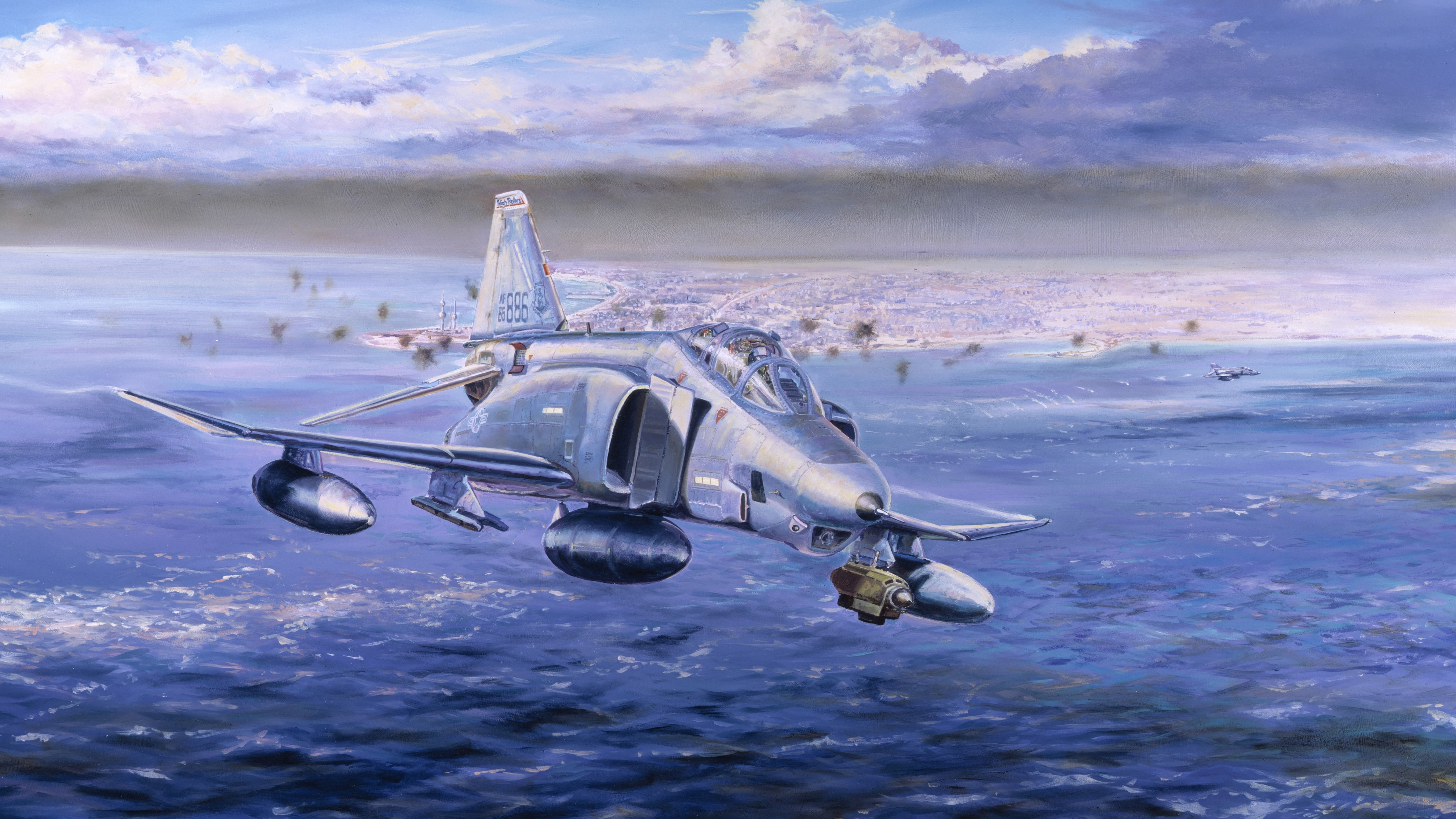 5K, fighter, warcraft, digital, Phantom 2, aircraft carrier, art, flight, McDonnell Douglas F-4 Phantom II, F 4, gray, jet, HD Wallpaper