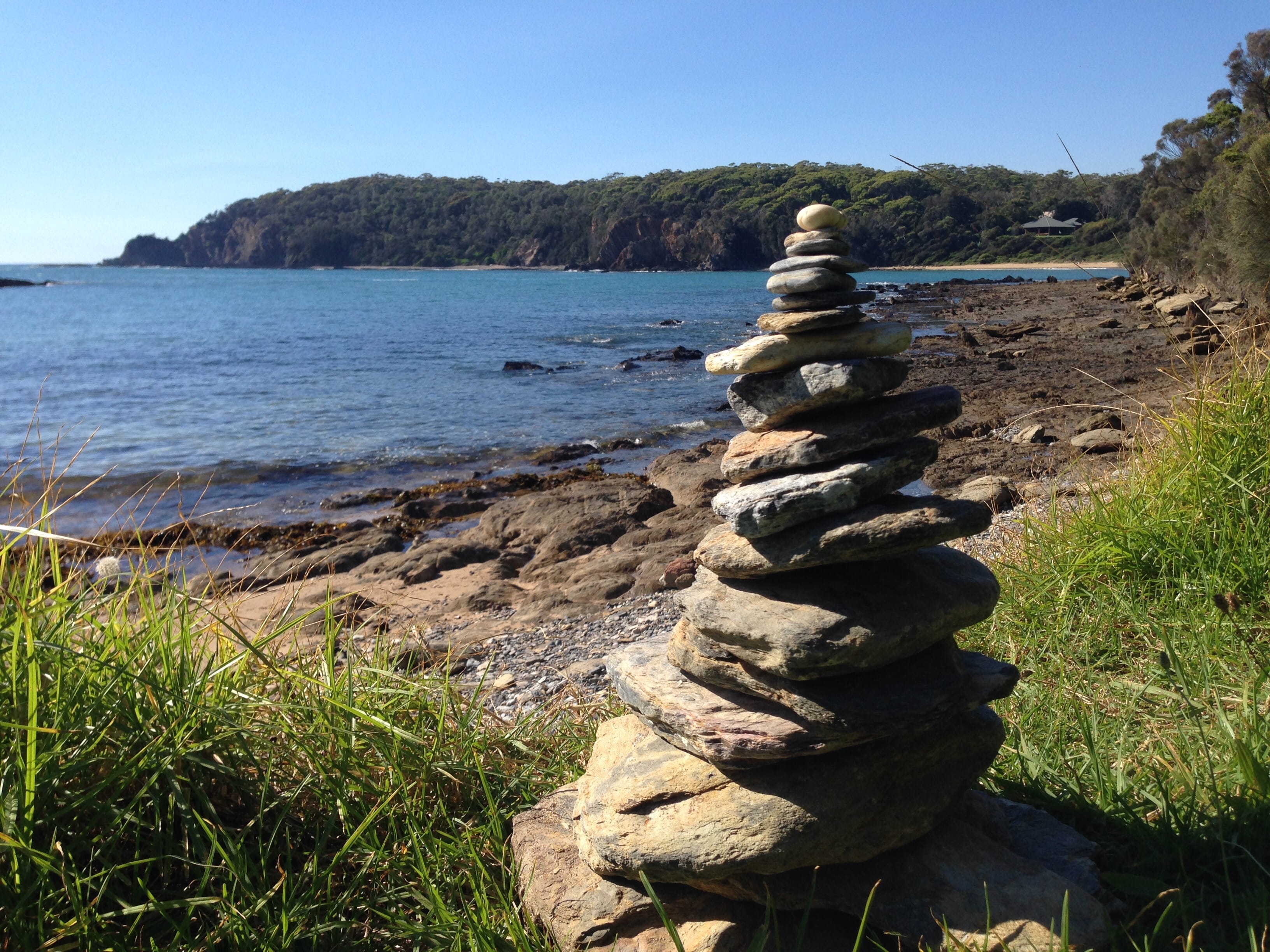 rock - object, sky, 8 beach parade, scenics - nature, guerilla bay, no people, land, outdoors, stack rock, stack, clear sky, tranquil scene, grass, day, HD Wallpaper