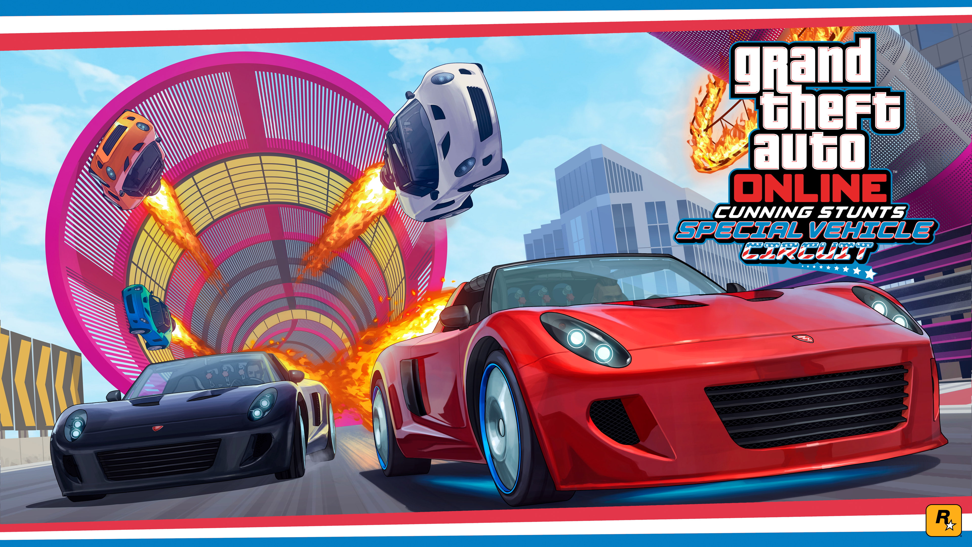 motor vehicle, 4K, vibrant color, xbox games, excitement, sign, ps games, outdoors, hd, transportation, illuminated, gta 5, city, red, multi colored, pc games, HD Wallpaper