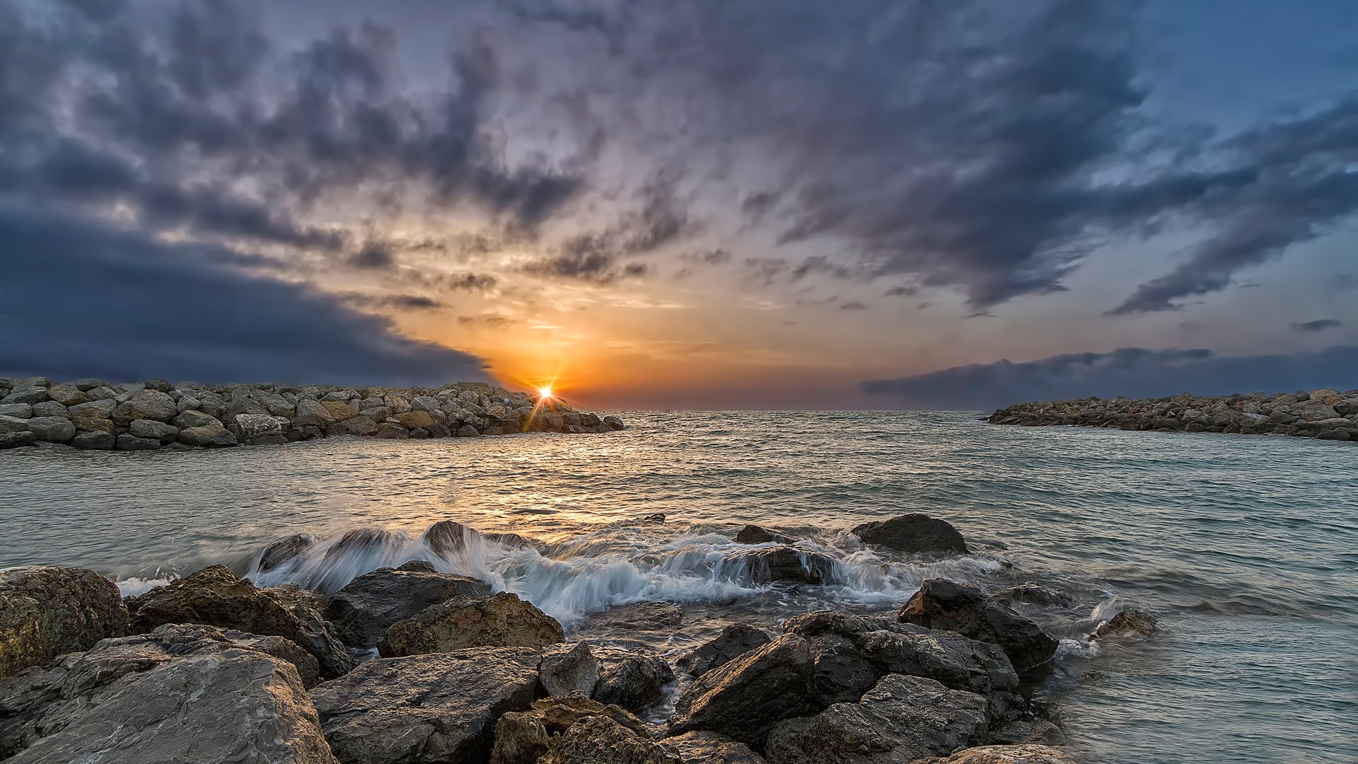Rocks, 1080P, Clouds, Sunrise, Gruissan, Sea, France, HD Wallpaper