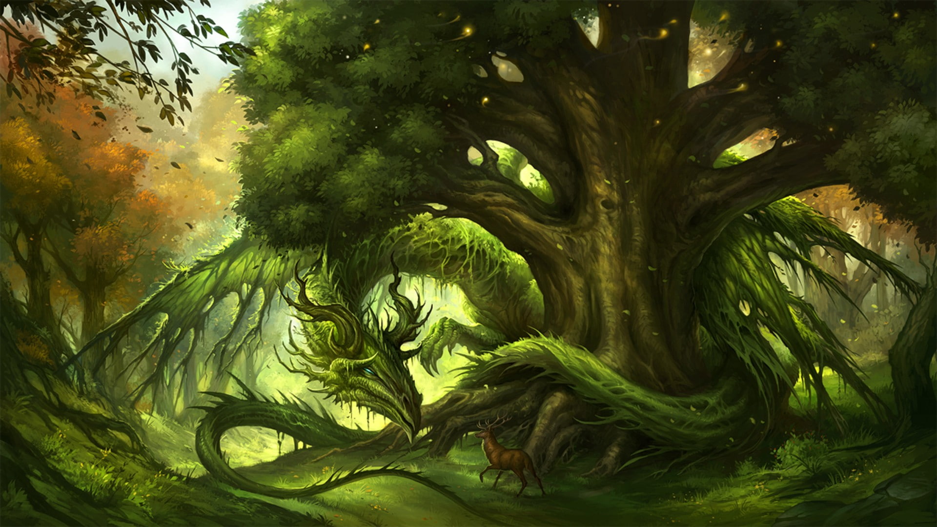 nature, forest, green, deer, fantasy art, artwork, dragon, life, trees, 1080P, plants, HD Wallpaper