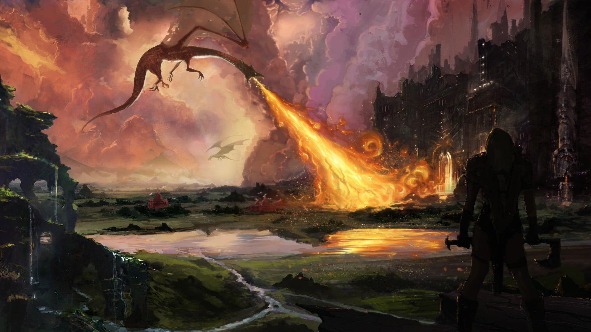 orange color, fantasy art, outdoors, online, beauty in nature, poster, sky, fire, game, artwork, burning, dragon, real people, motion, built structure, HD Wallpaper
