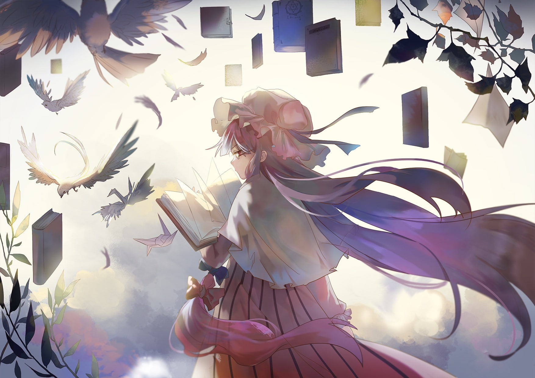 konachan, hair, ribbons, touhou, purple, hat, book, knowledge, eyes, long, glasses, (artist), red, 237533, bird, bow, 720P, patchouli, dress, com, tagme, HD Wallpaper