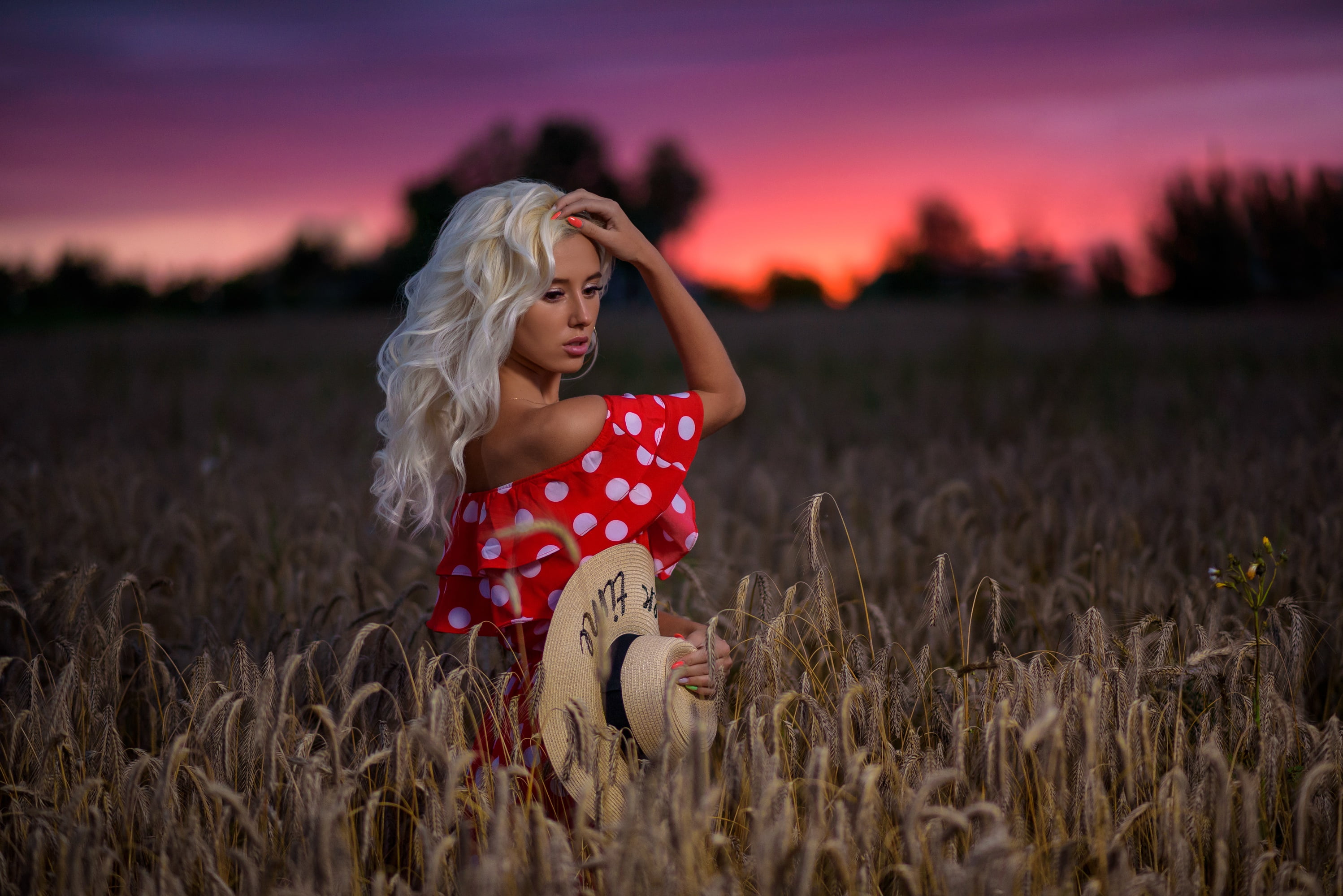 spikelets, Dmitry Medved, field, the evening, hat, dress, Margo, 2K, HD Wallpaper