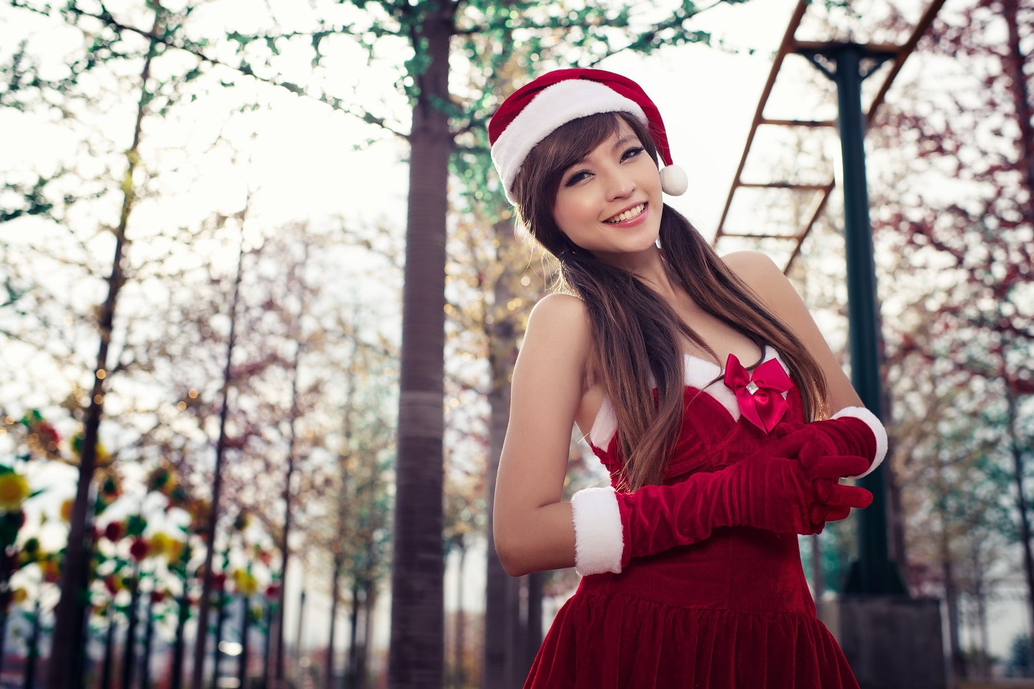 Santa costume, women, Asian, long hair, Agnes Lim, Christmas, 1080P, santa, auburn hair, HD Wallpaper