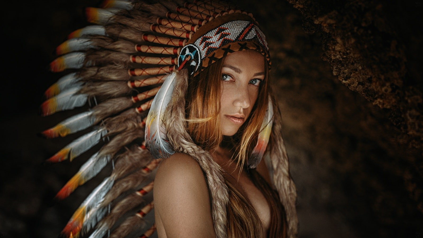 Margo Zhuravlyova, Georgy Chernyadyev, gray eyes, face, 500px, long hair, model, headdress, looking at viewer, redhead, women, 720P, HD Wallpaper