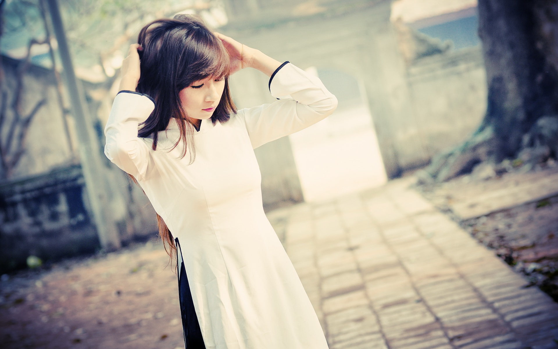 vietnamese, traditional, cheongsam, 1080P, women, white, dress, girl, hot babes and girls, s, HD Wallpaper