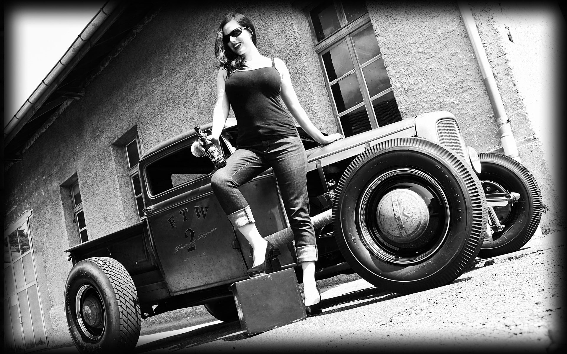cars, brunette, fashion, vehicles, buildings, day, tire, land vehicle, one person, architecture, full length, motor vehicle, transportation, Old, retro, HD Wallpaper