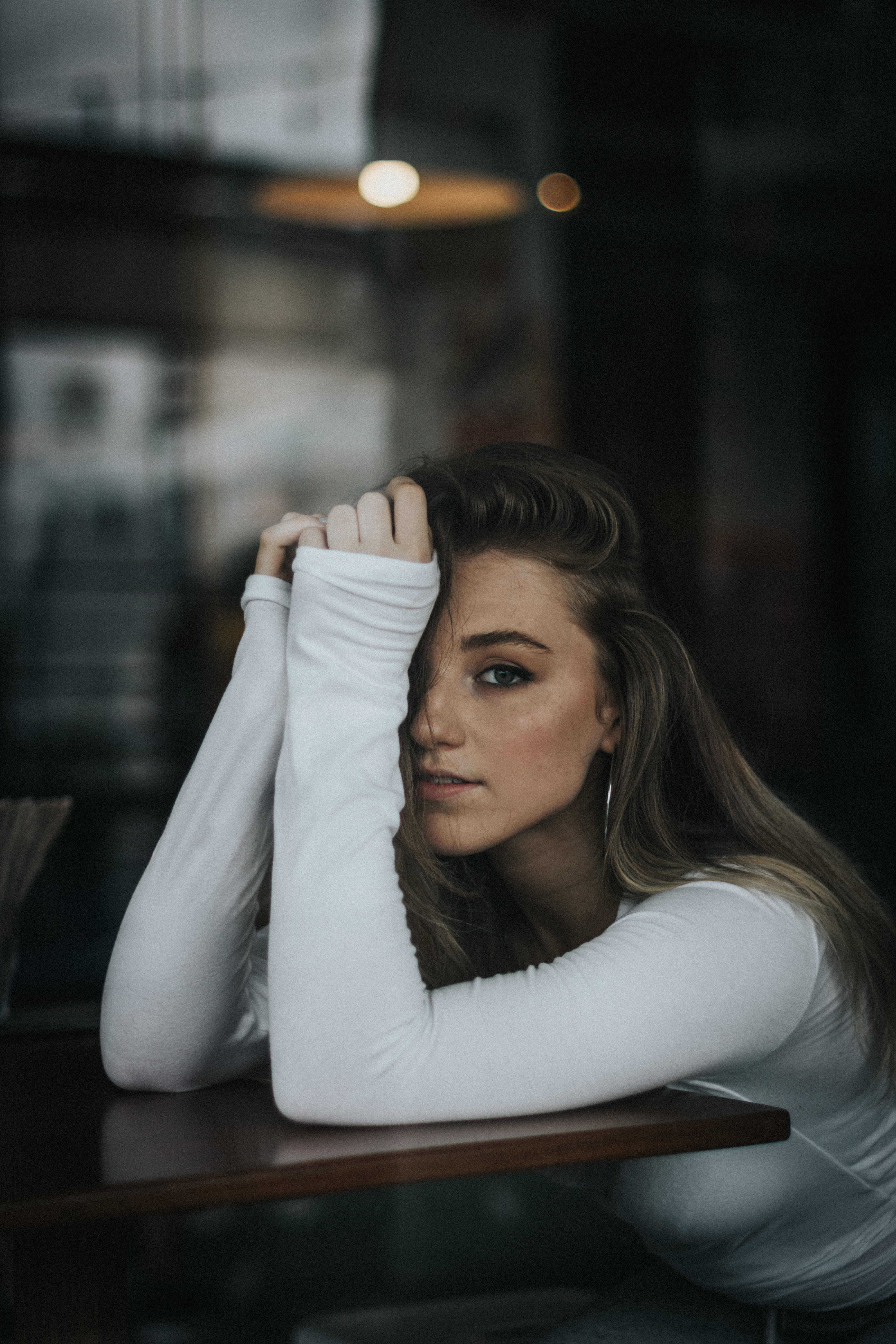 hands, longsleeves, focus, table, portrait, one Person, street, one Woman Only, person, depression - Sadness, green eyes, sadness, photography, casual Clothing, Phone HD Wallpaper