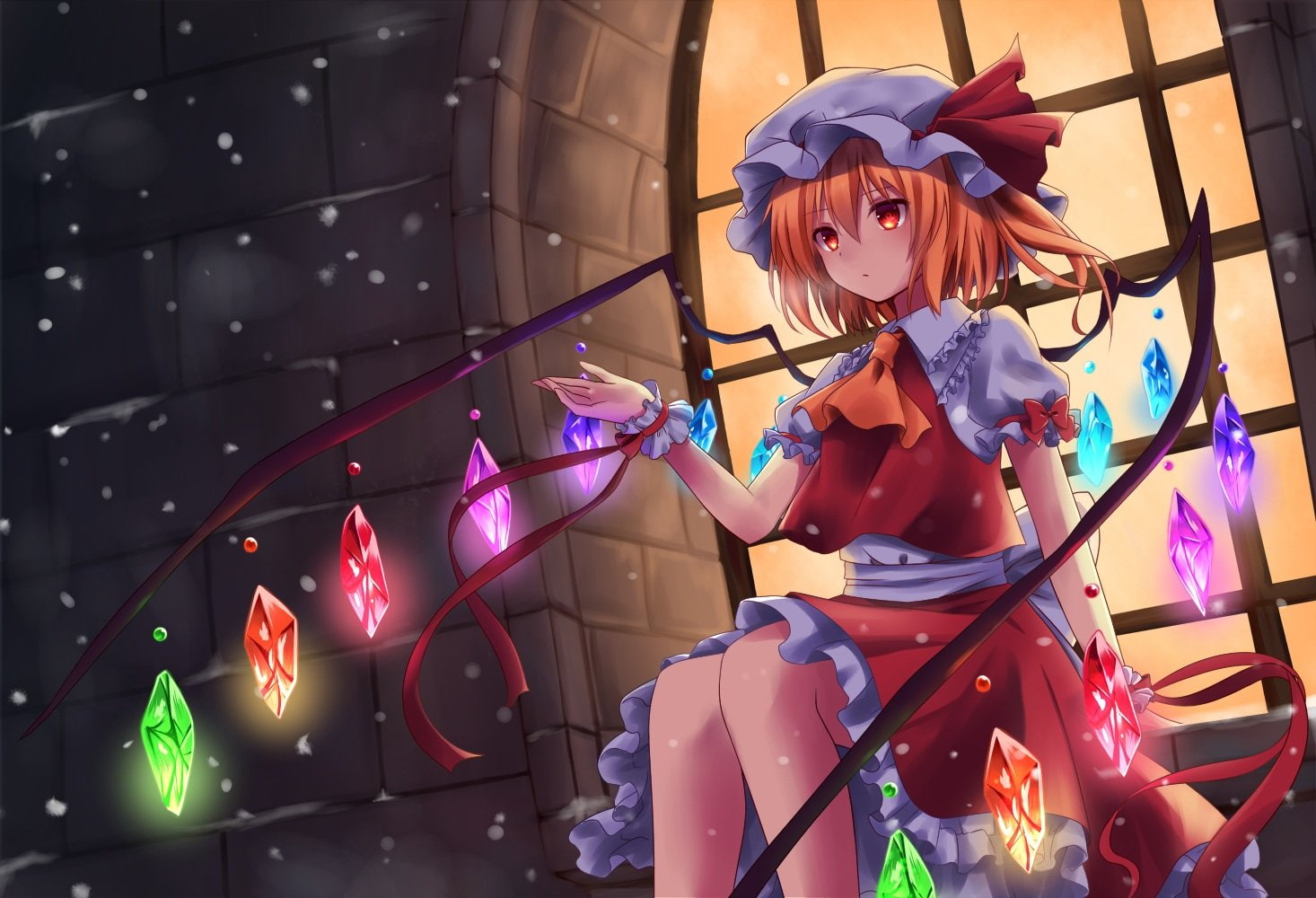 720P, wings, snow, hair, scarlet, kure~pu, red, orange, touhou, flandre, winter, skirt, eyes, short, hat, HD Wallpaper