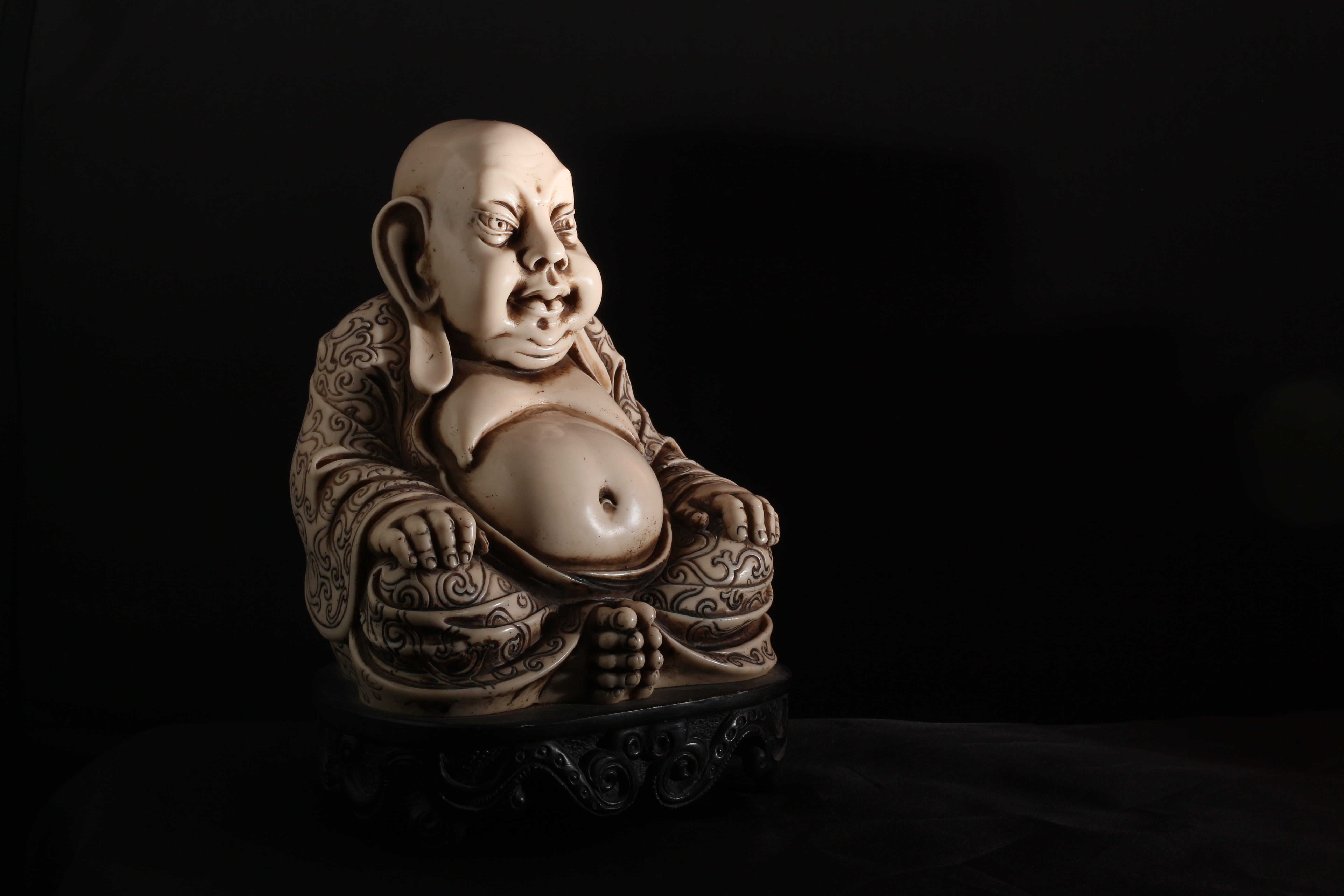 adult, stone, dark, Asian, thai, people, spirituality, indoors, contemplation, Buddhism, pu-tai, hairstyle, human representation, 5K, zen, representation, HD Wallpaper