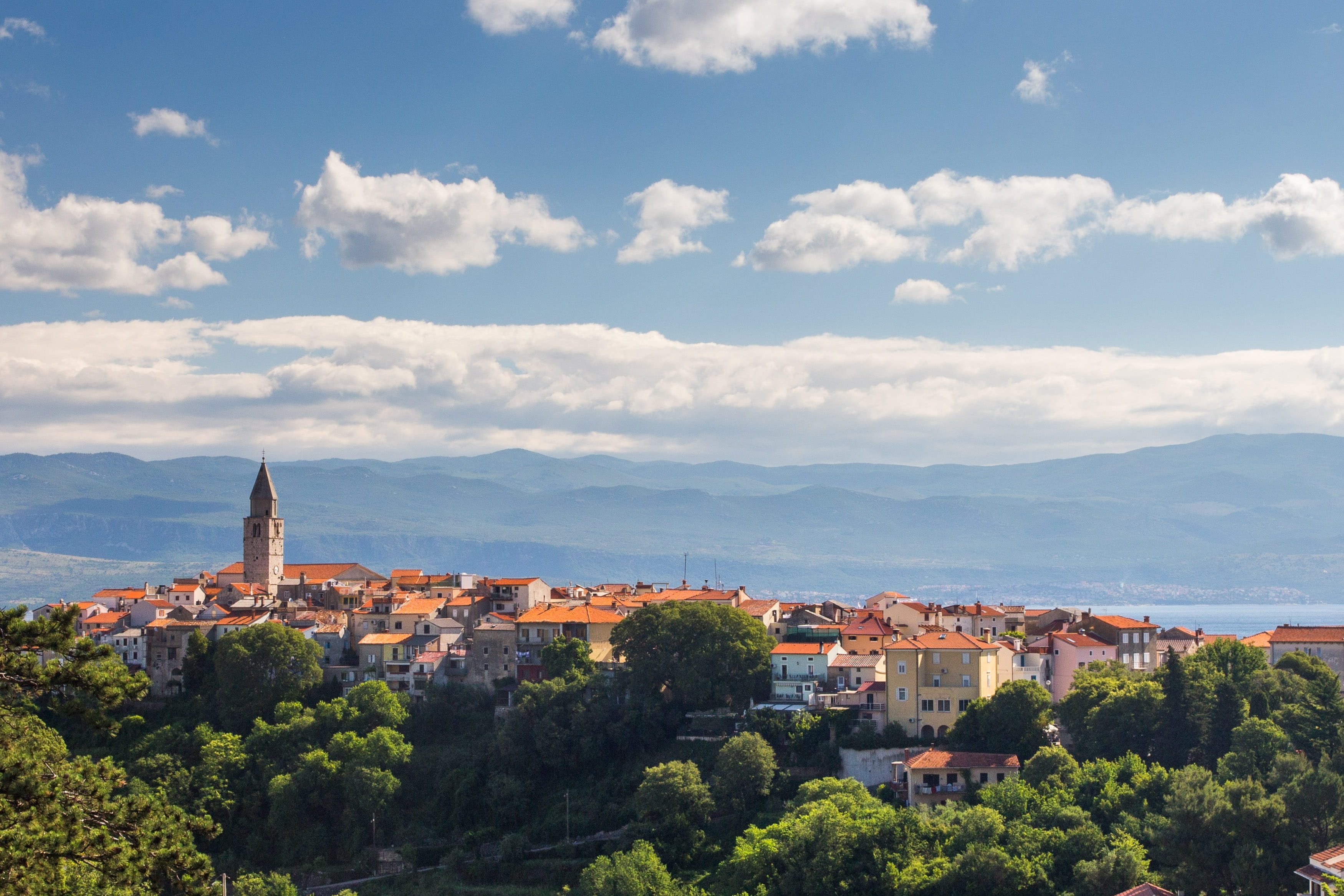 Krk, nature, architecture, Clouds, Island, Cityscape, cloud - sky, 2K, residential district, light, the past, city, town, Croatia, high angle view, plant, HD Wallpaper