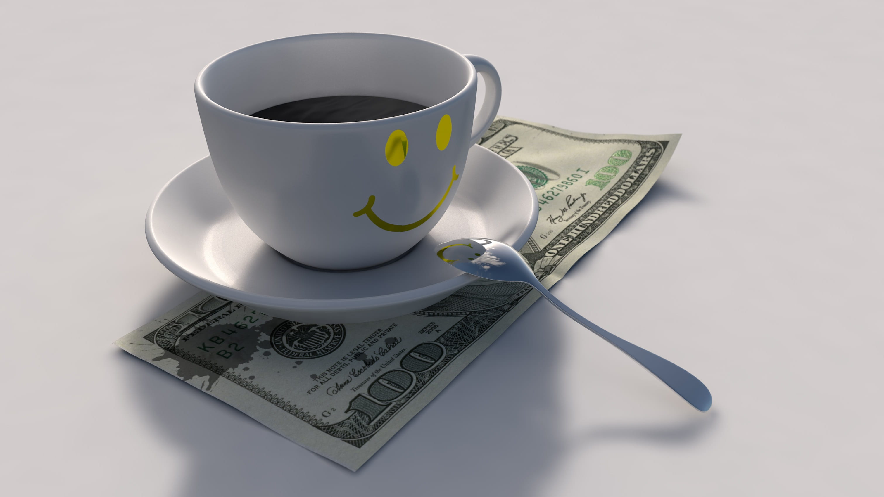 silver colored, spoon, wealth, smiling, 2K, hundred, banknote, economy, nice, drink, teaspoon, eating utensil, sunny, top, money, crockery, cup, afternoon tea, HD Wallpaper