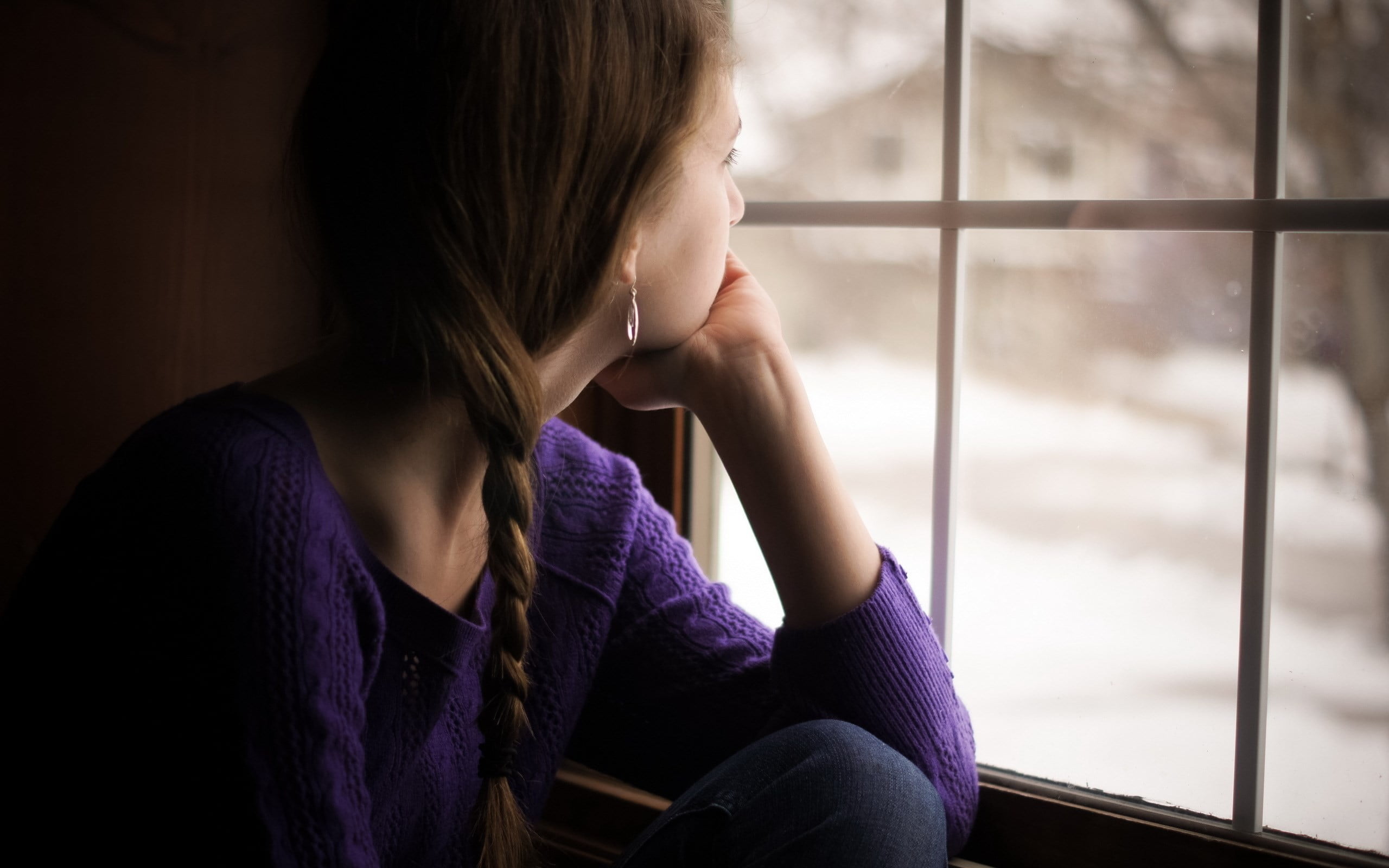 teenager, depression - sadness, casual clothing, brunette, sitting, looking away, 2K, indoors, real people, young adult, sweater, contemplation, young women, HD Wallpaper