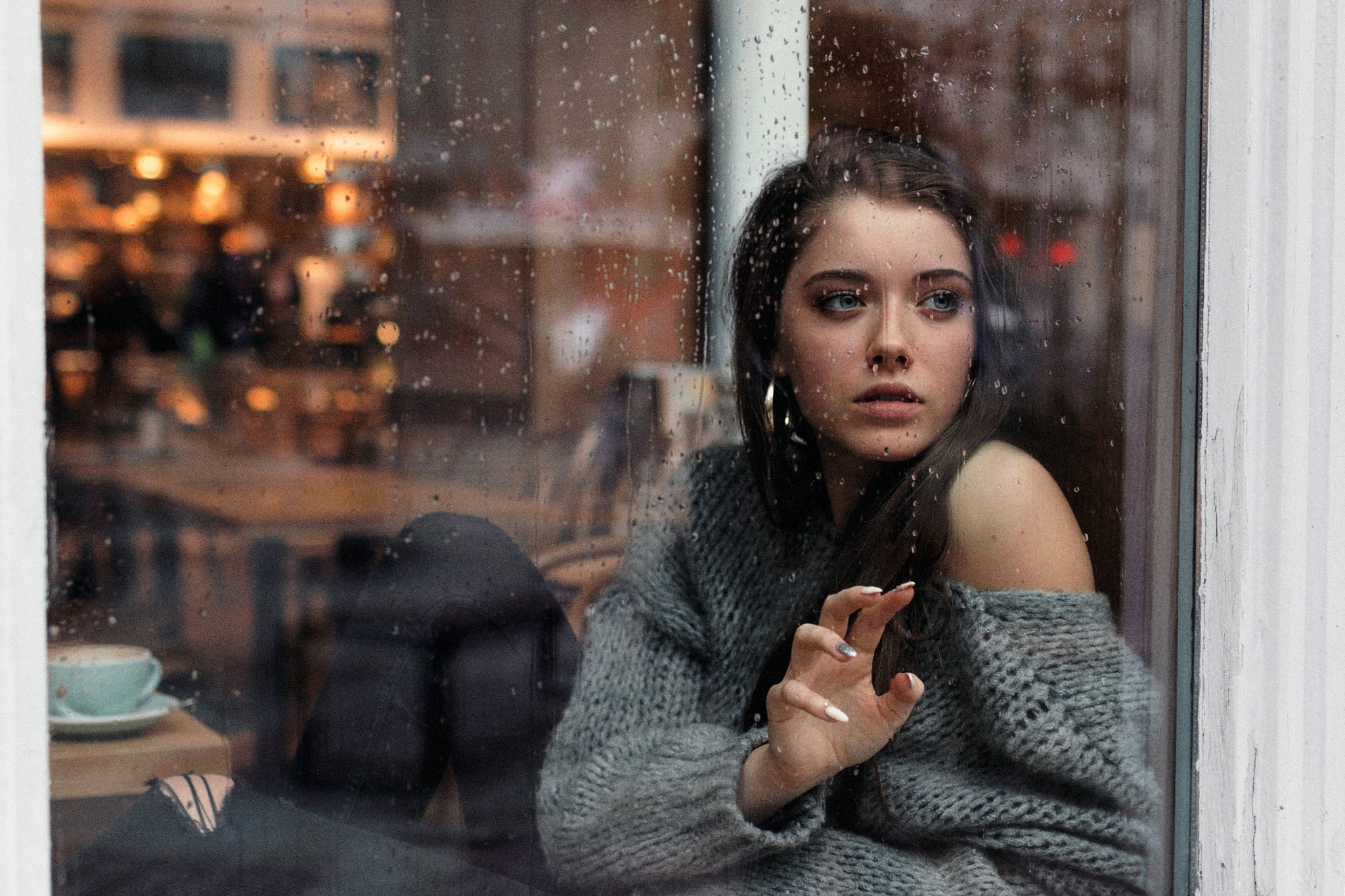 winter, window, freckles, portrait, straight hair, torn jeans, rain, depression - sadness, sitting, close up, warm clothing, mood, one person, looking away, HD Wallpaper