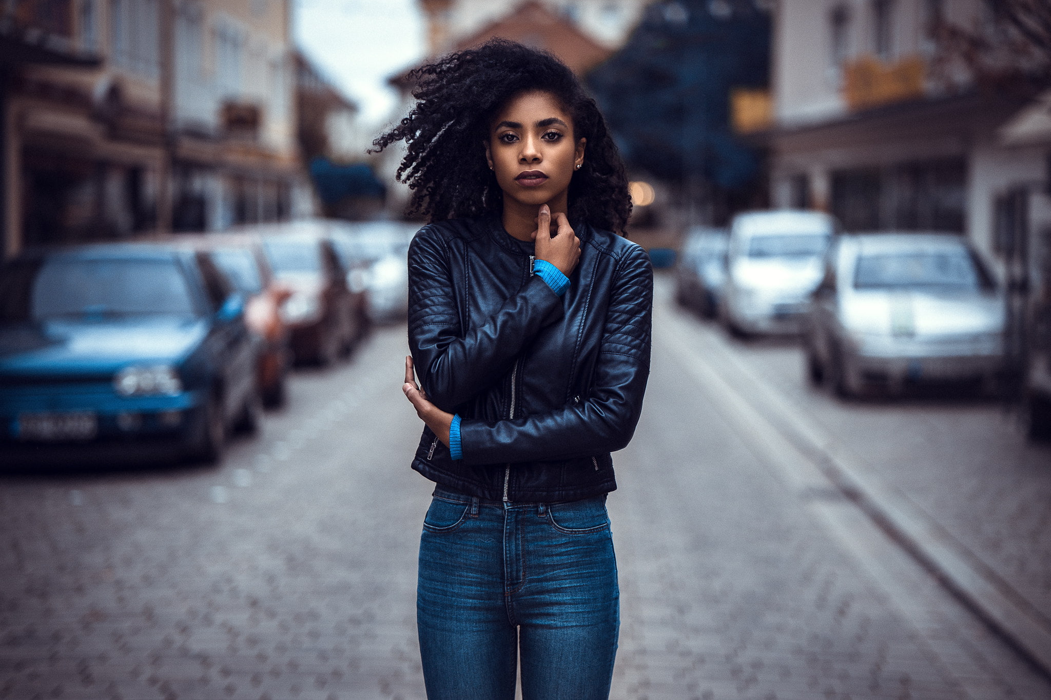 jeans, women, depth of field, Anatoli Oskin, ebony, dark hair, 1080P, denim, brown eyes, HD Wallpaper