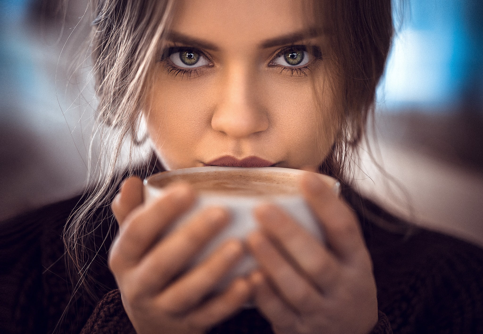 mug, portrait, Dajana Kllogjri, Cup, coffee, Anatoly Oskin, look, hands, eyes, 1080P, mood, face, HD Wallpaper