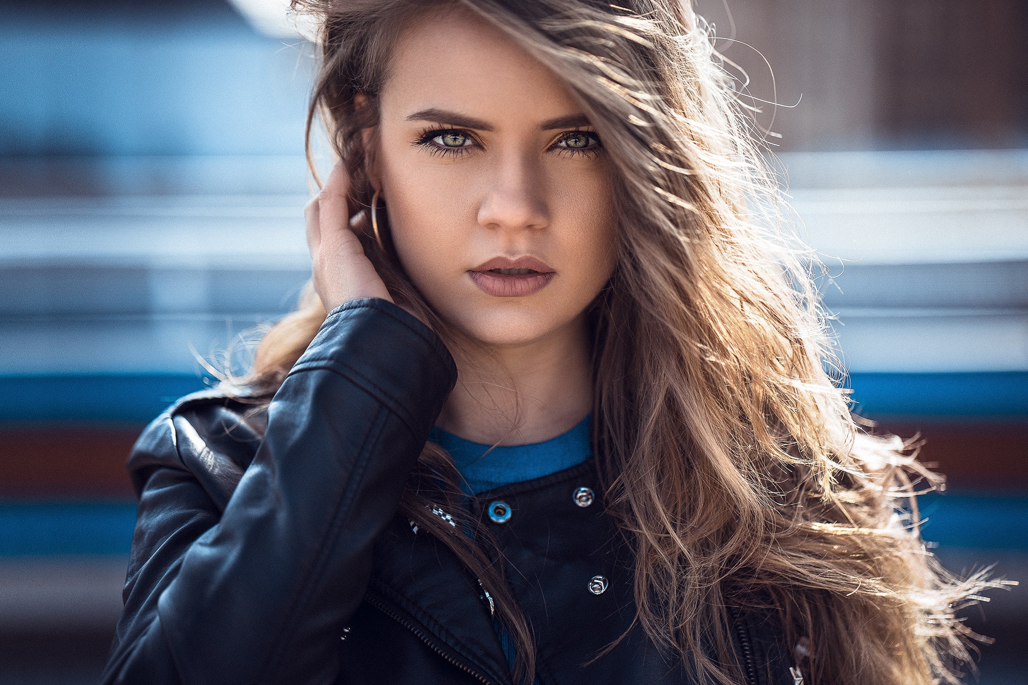 brunette, Dajana Kllogjri, girl, close up, long hair, Anatoly Oskin, bokeh, portrait, face, looking at viewer, lips, looking at camera, mouth, photo, hands on hair, HD Wallpaper
