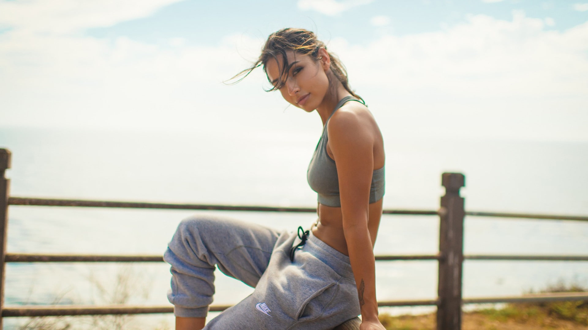 grey tops, tattoo, sitting, Michele Maturo, sports bra, brunette, 1080P, HD Wallpaper
