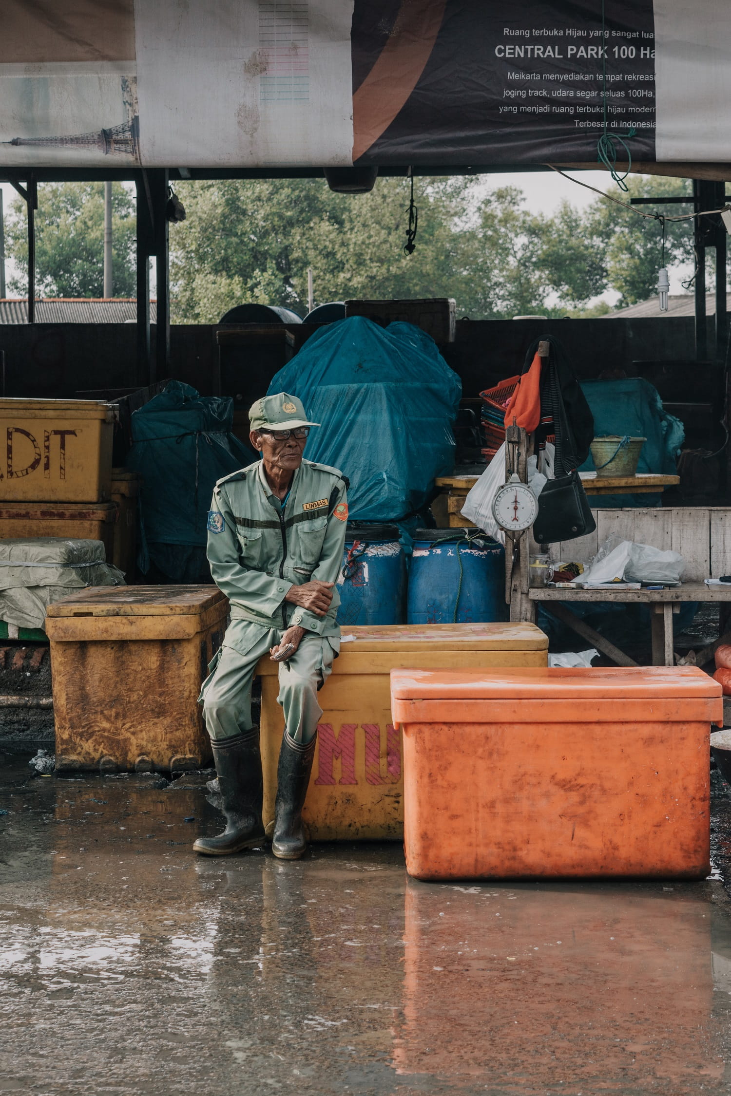 indonesia, day, container, old man, small business, glasses, person, real people, casual clothing, pasar ikan kamal muara, sitting, transportation, colourful, Phone HD Wallpaper