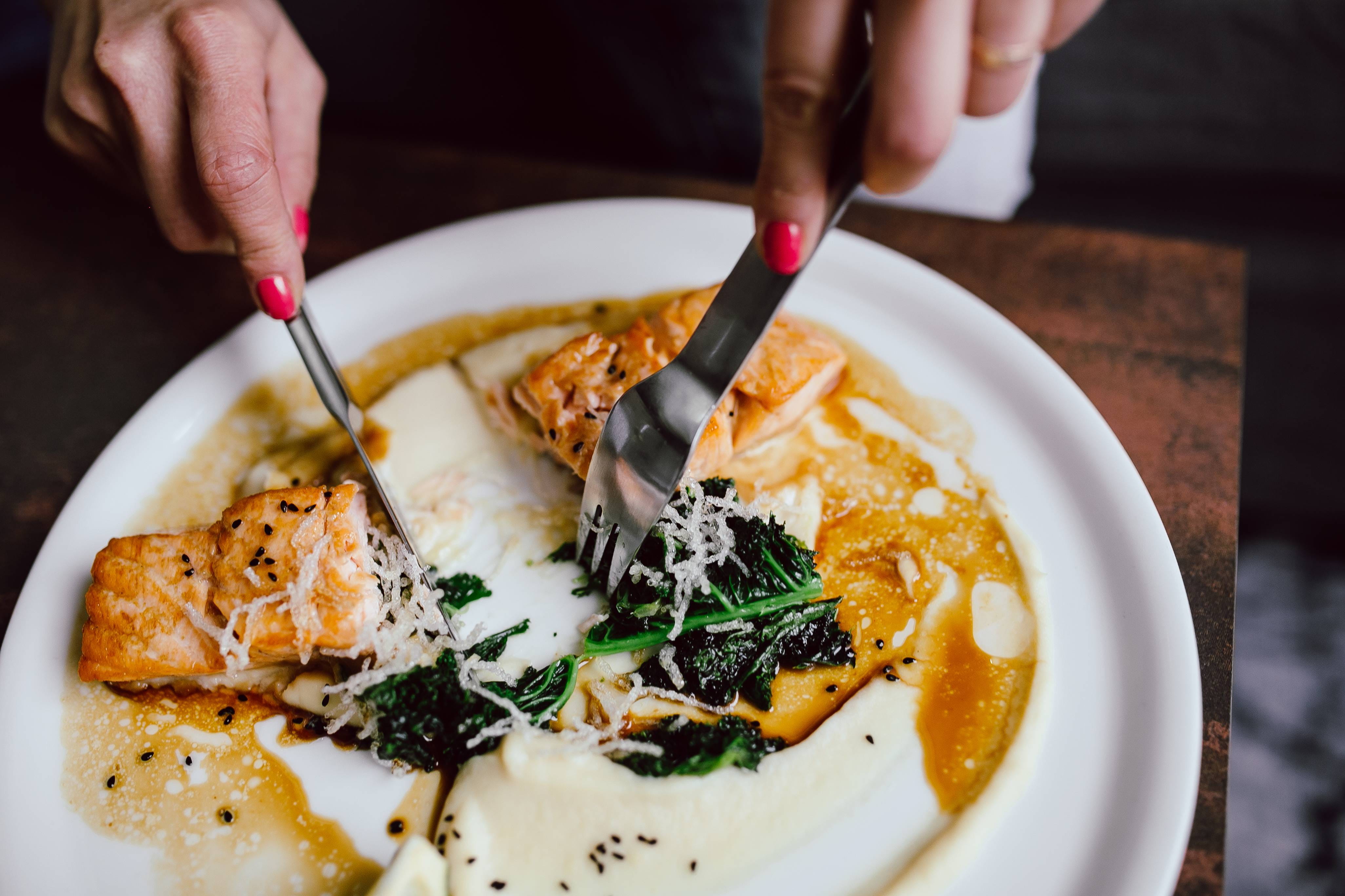 fork, gourmet, freshness, lunch, human Hand, ready-to-eat, restaurant, healthy eating, fish, holding, kitchen utensil, garnish, close-up, human body part, HD Wallpaper