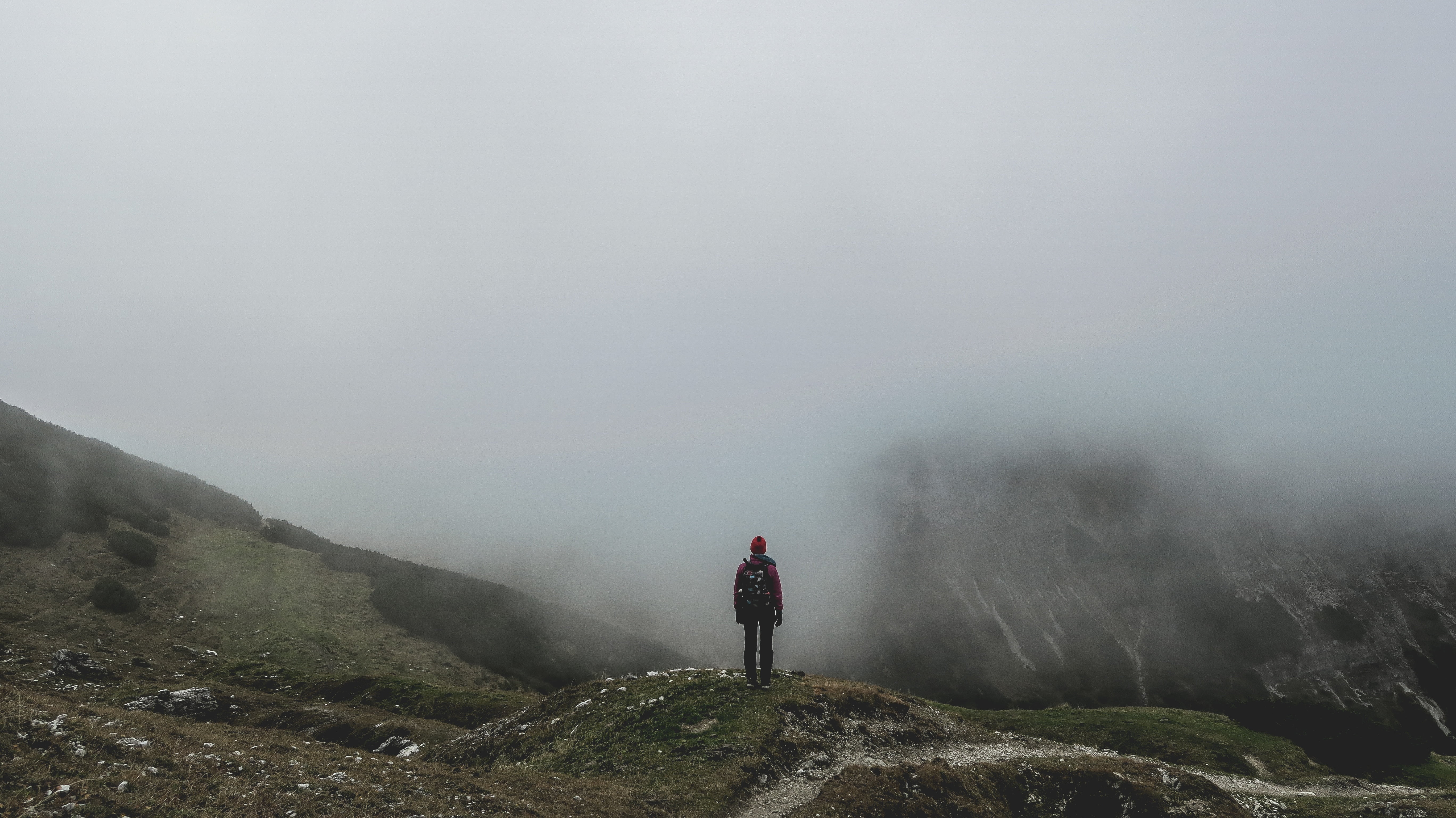 people, landscape, man, one person, hiking, front, rear view, mountain, stand, trek, person, contemplate, hike, mountains, scenics - nature, activity, summit, HD Wallpaper