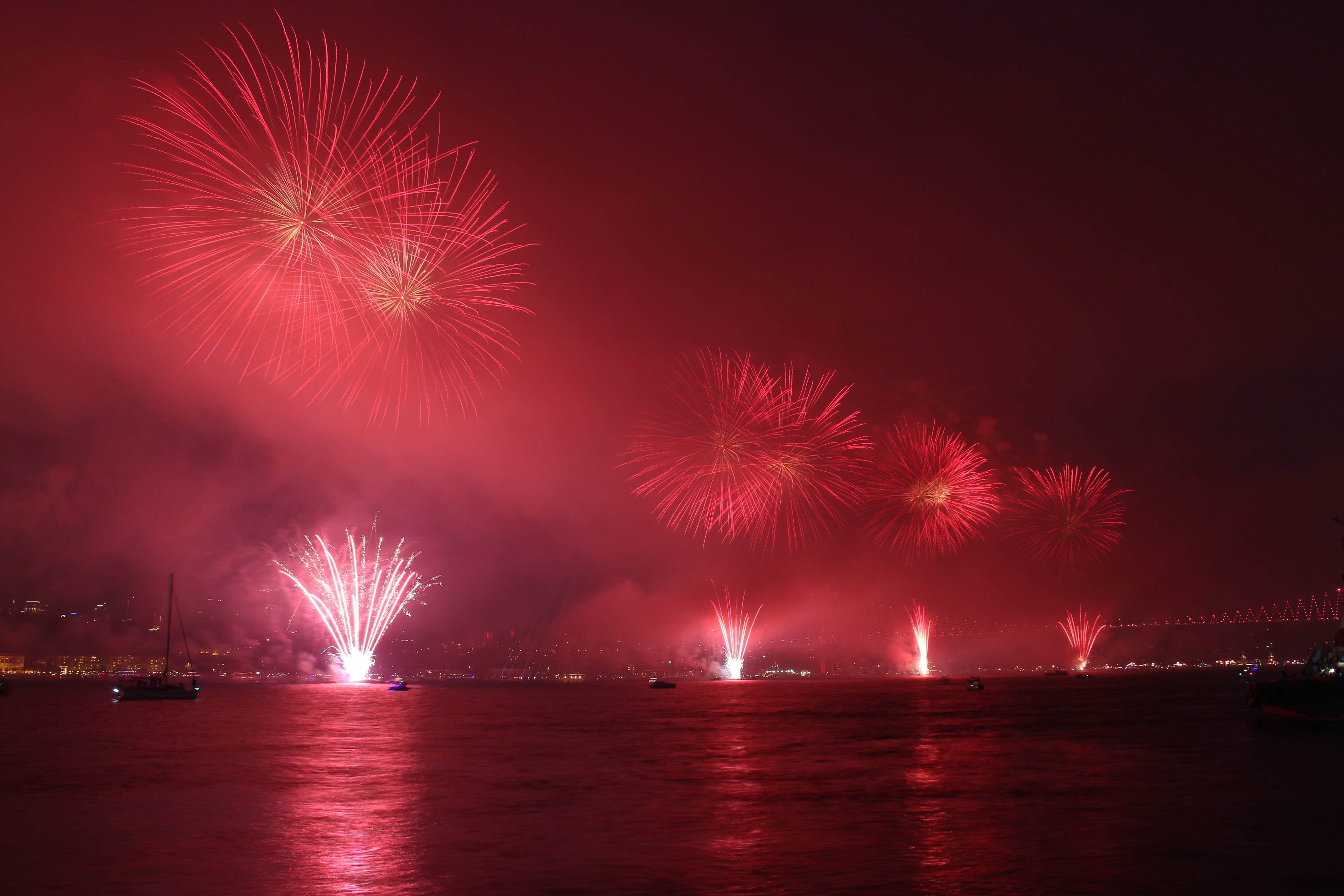 arts culture and entertainment, firework display, turkey, outdoors, light, new years eve, event, long exposure, no people, celebration, red, bosphorus bridge, HD Wallpaper