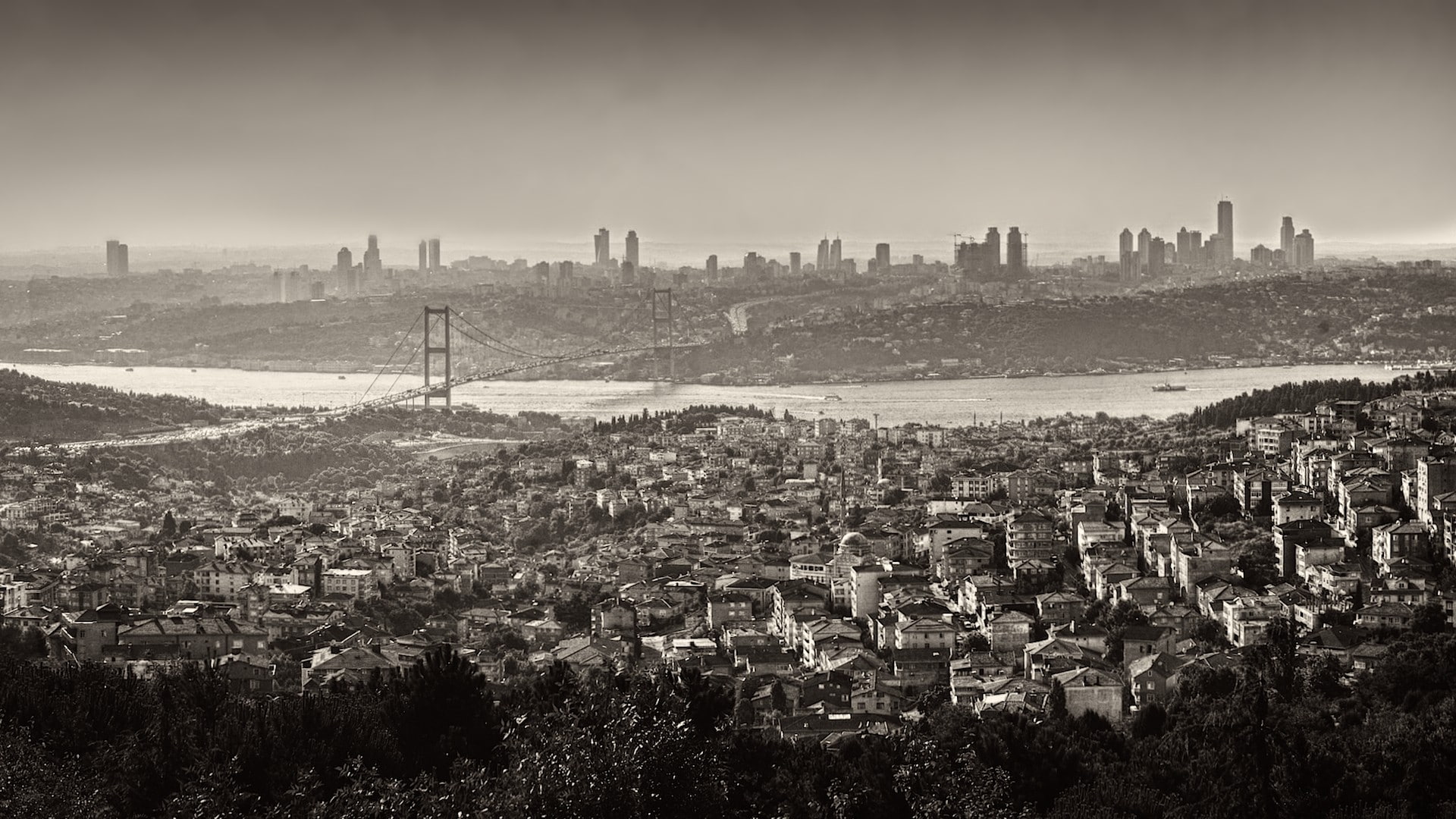 turkey, Bosphorus, bridge, Istanbul, monochrome, 1080P, Cityscape, HD Wallpaper