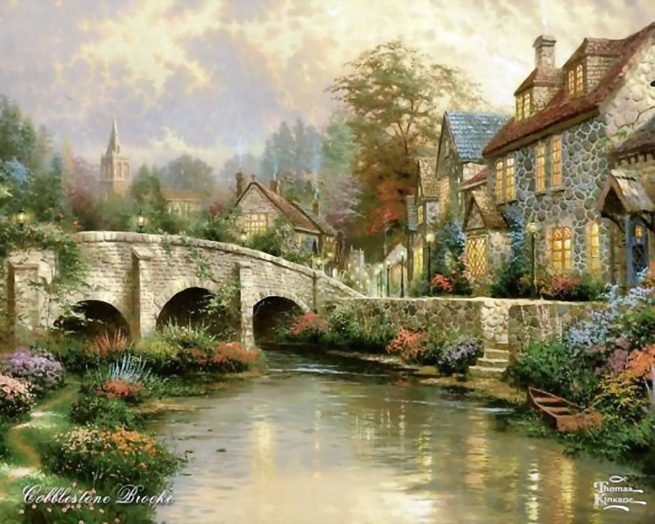 fantasy, art, sunday, painting, bridge, hd, 720P, houseing, stream, quiet, abstract, Garden, HD Wallpaper