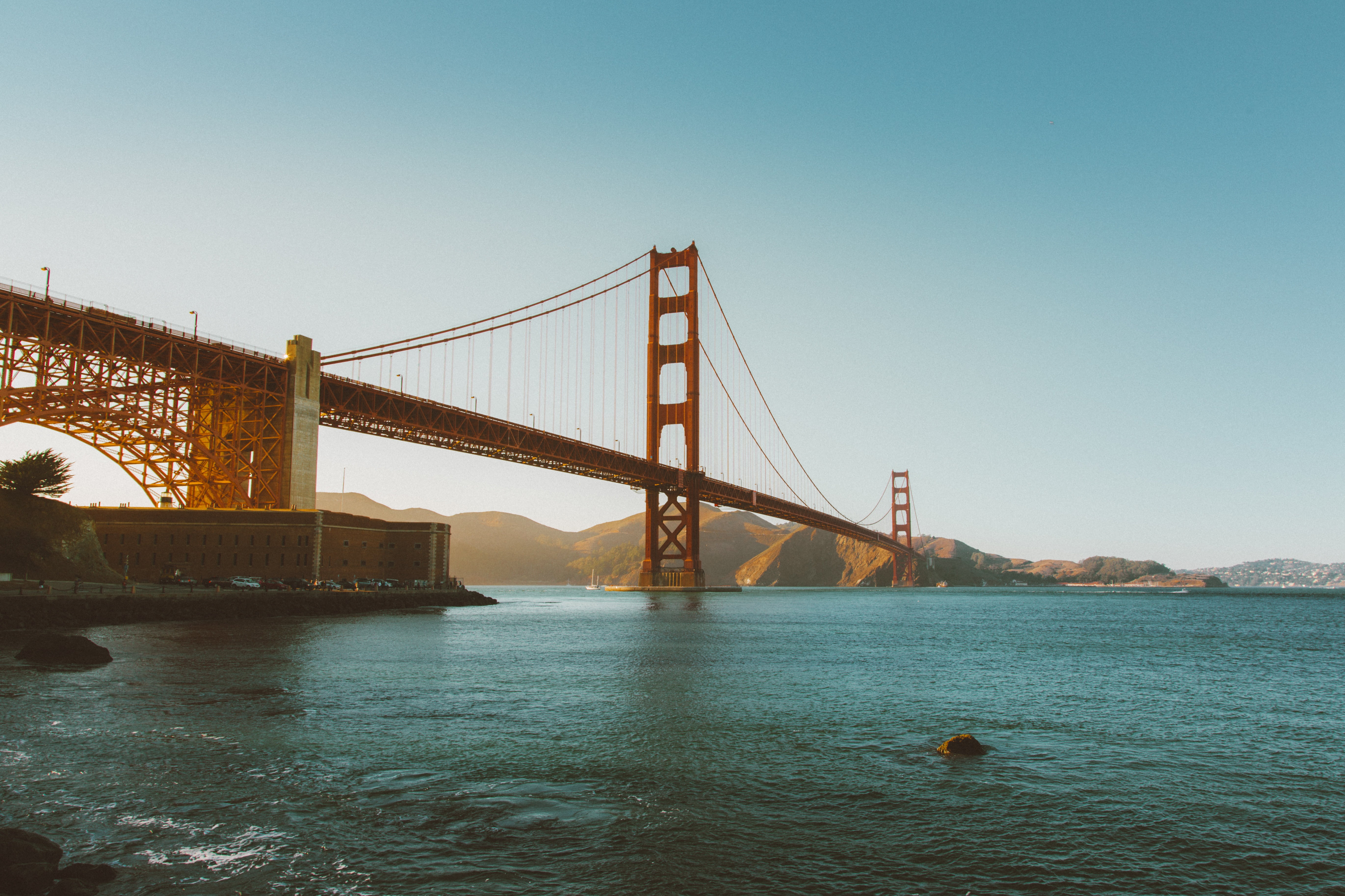 connection, copy space, water, blue, Golden Gate Bridge, 5K, travel destinations, golden, daytime, low, sky, angle, bridge - man made structure, photography, HD Wallpaper