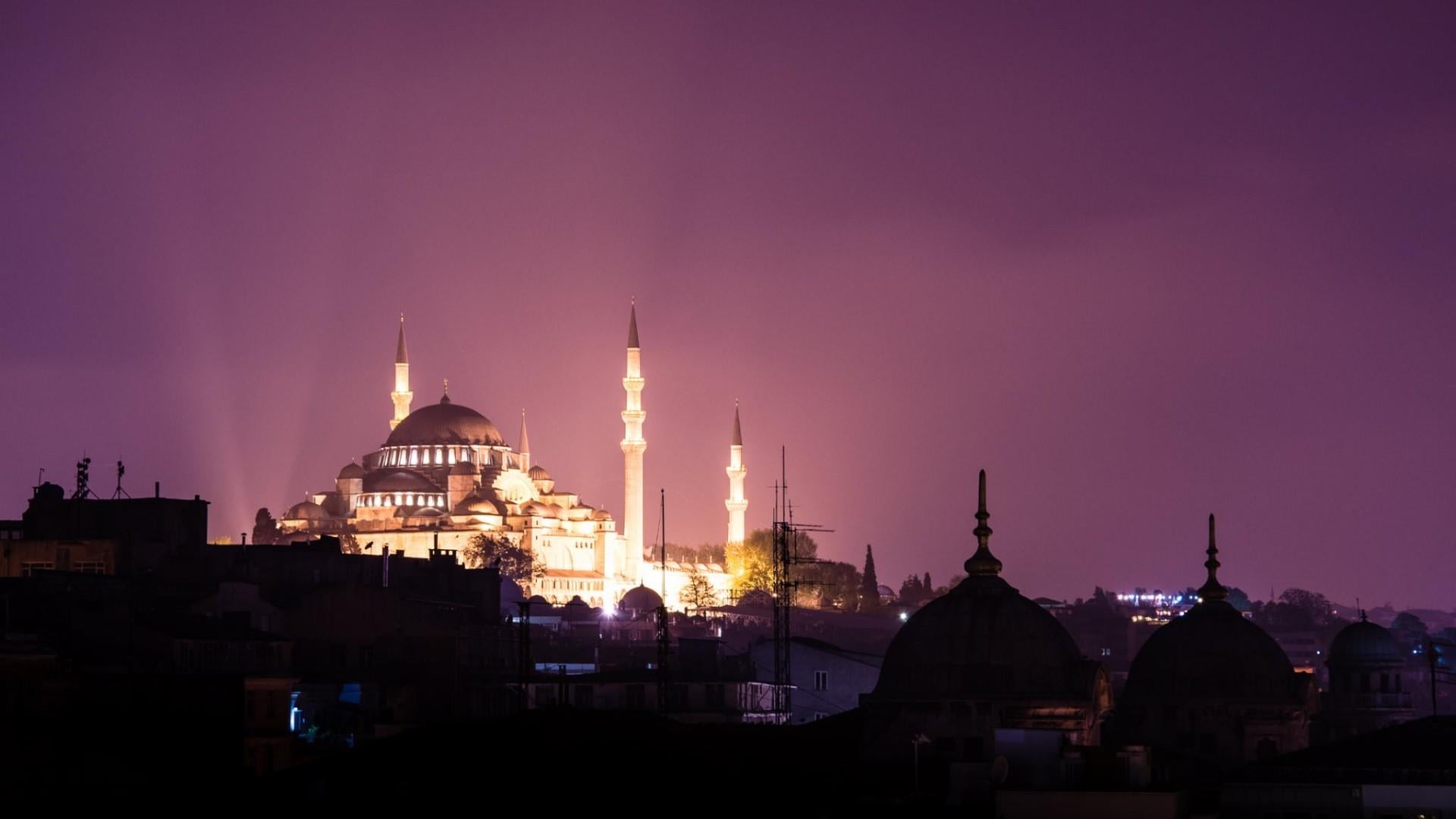 travel destinations, 1080P, outdoors, sky, allah, suleymaniye mosque, religion, dome, nature, city, building exterior, tourism, pink color, suleymaniye, HD Wallpaper