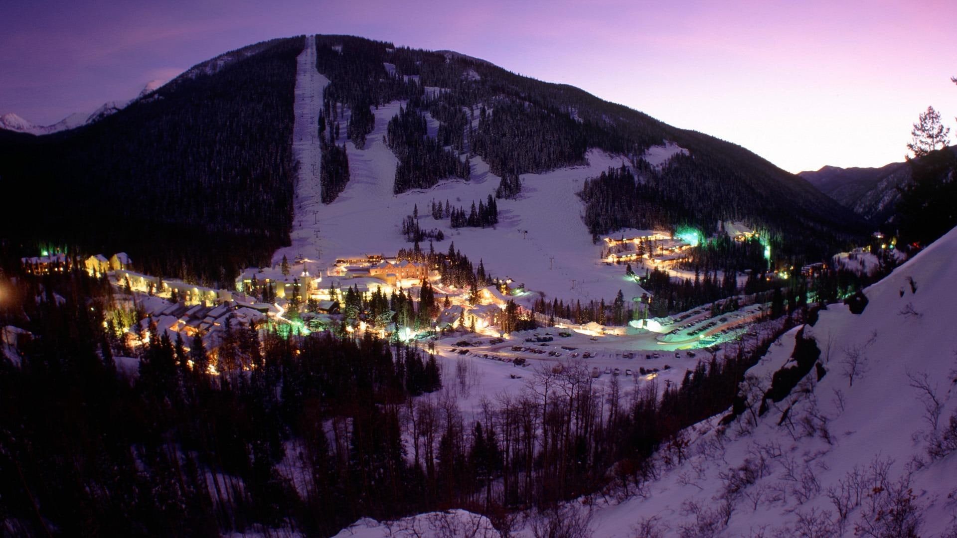 ski lift, 3d and abstract, resort, dusk, lights, town, snow, ski, 1080P, HD Wallpaper