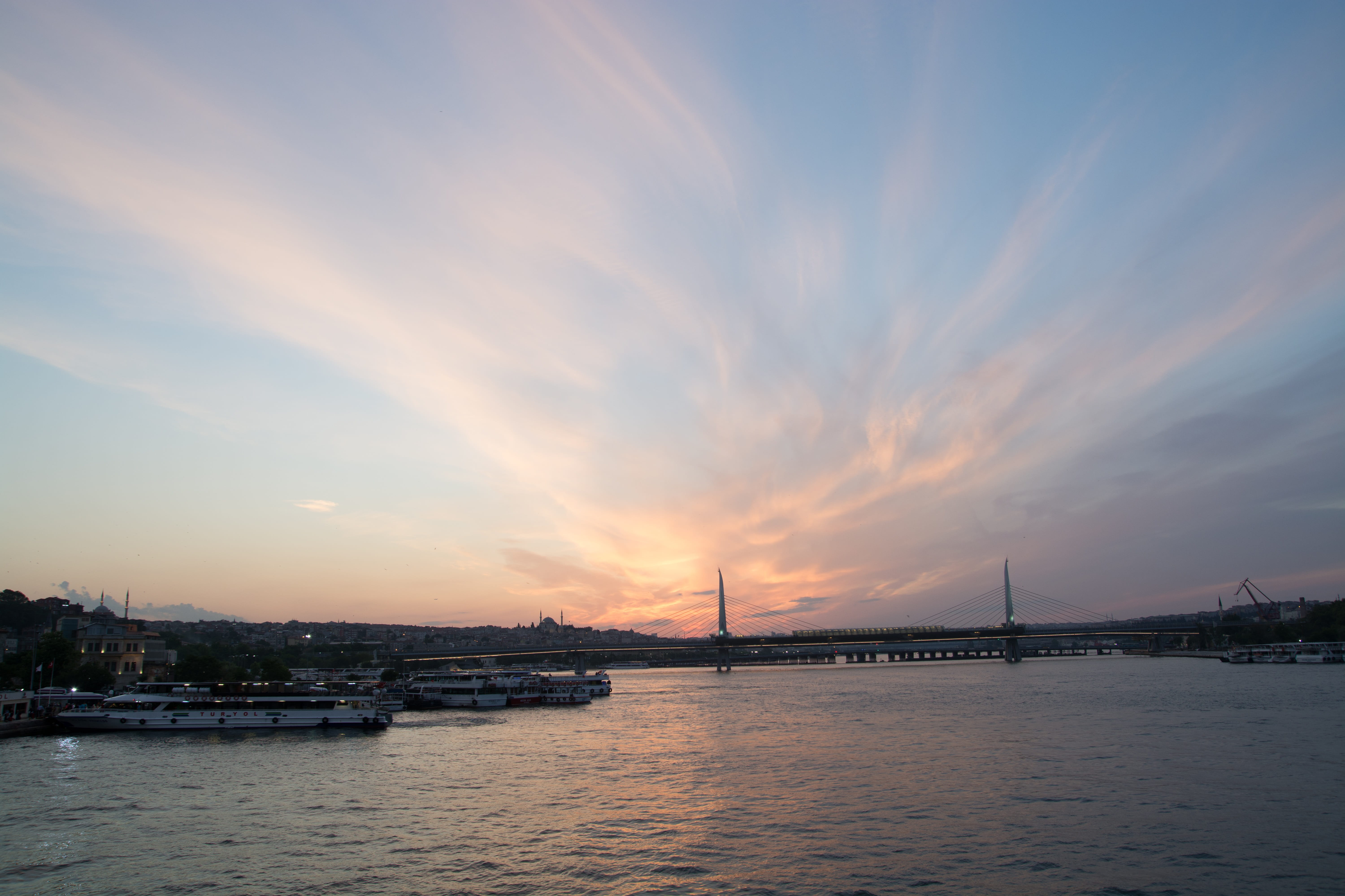 waterfront, built structure, 5K, Sirkeci, water, outdoors, suspension bridge, sea, Marine, cityscape, city, landscape, turkey, transportation, bay, in the evening, HD Wallpaper