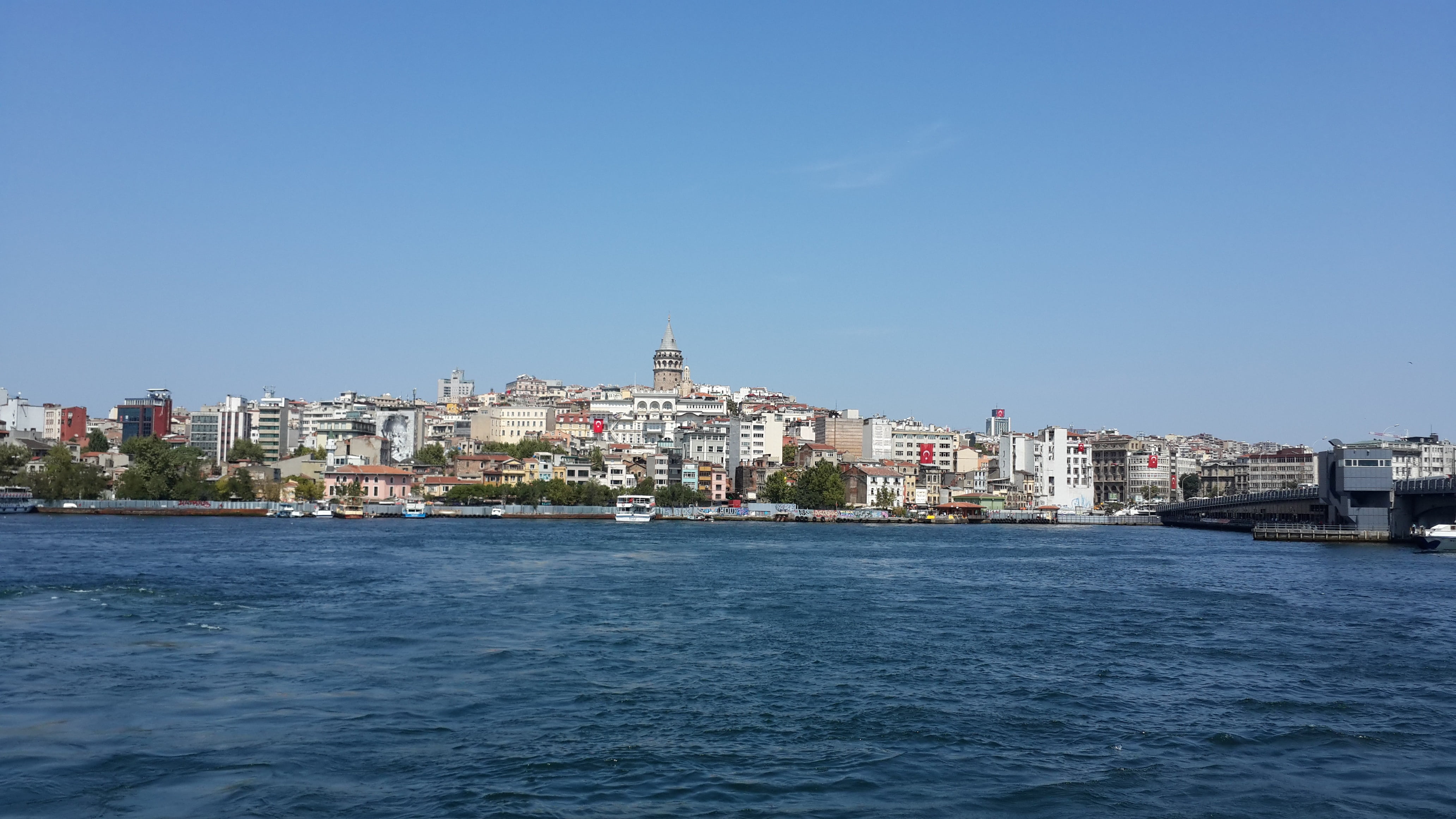 architecture, eminönü, bosphorus, building exterior, city, built structure, blue, istanbul, transportation, travel destinations, water, galata tower, residential district, HD Wallpaper