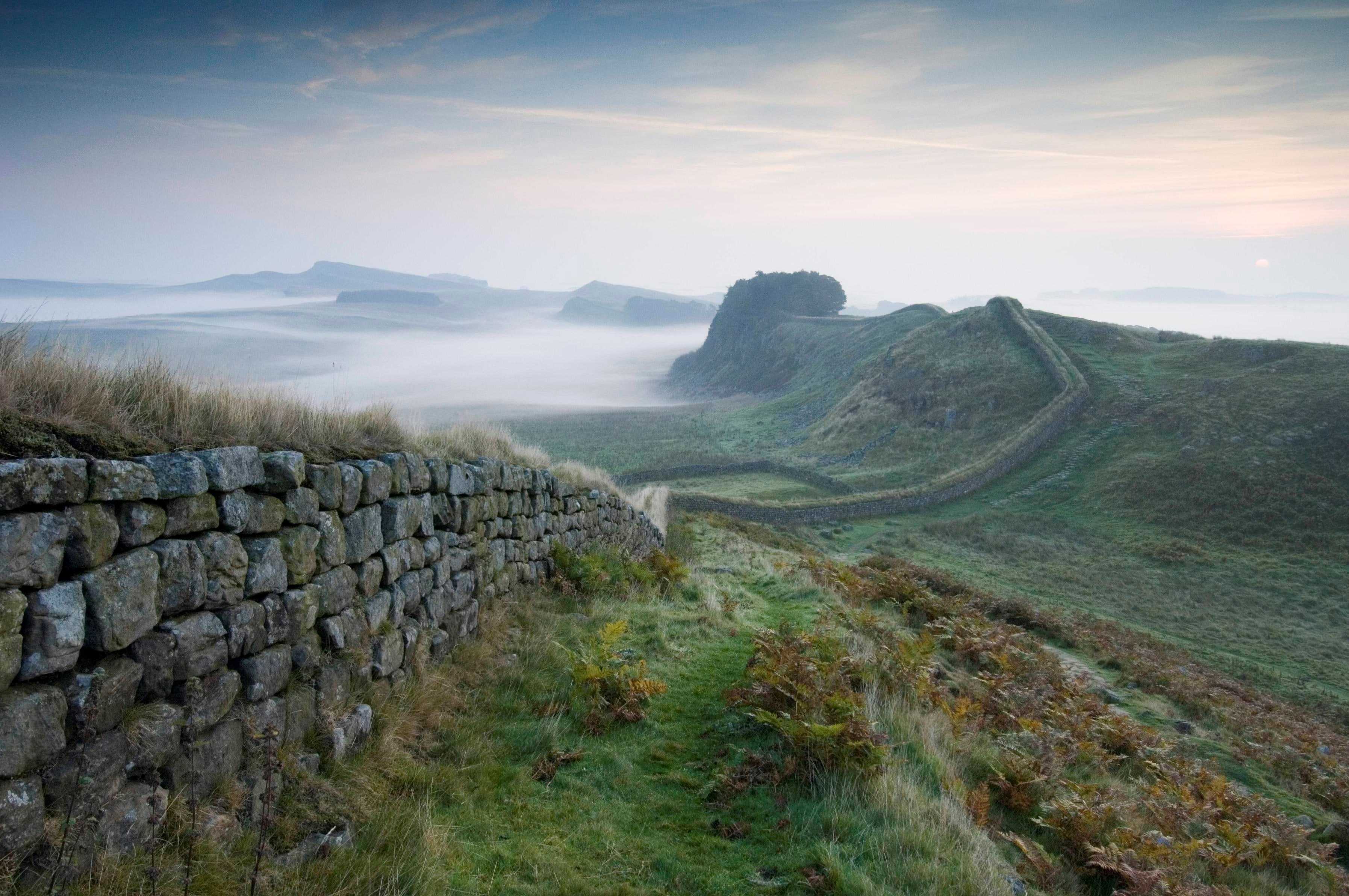 hadrians wall, mountain, solid, grass, non-urban scene, plant, wall, stone wall, day, nature, cloud - sky, field, no people, scenics - nature, sky, environment, HD Wallpaper