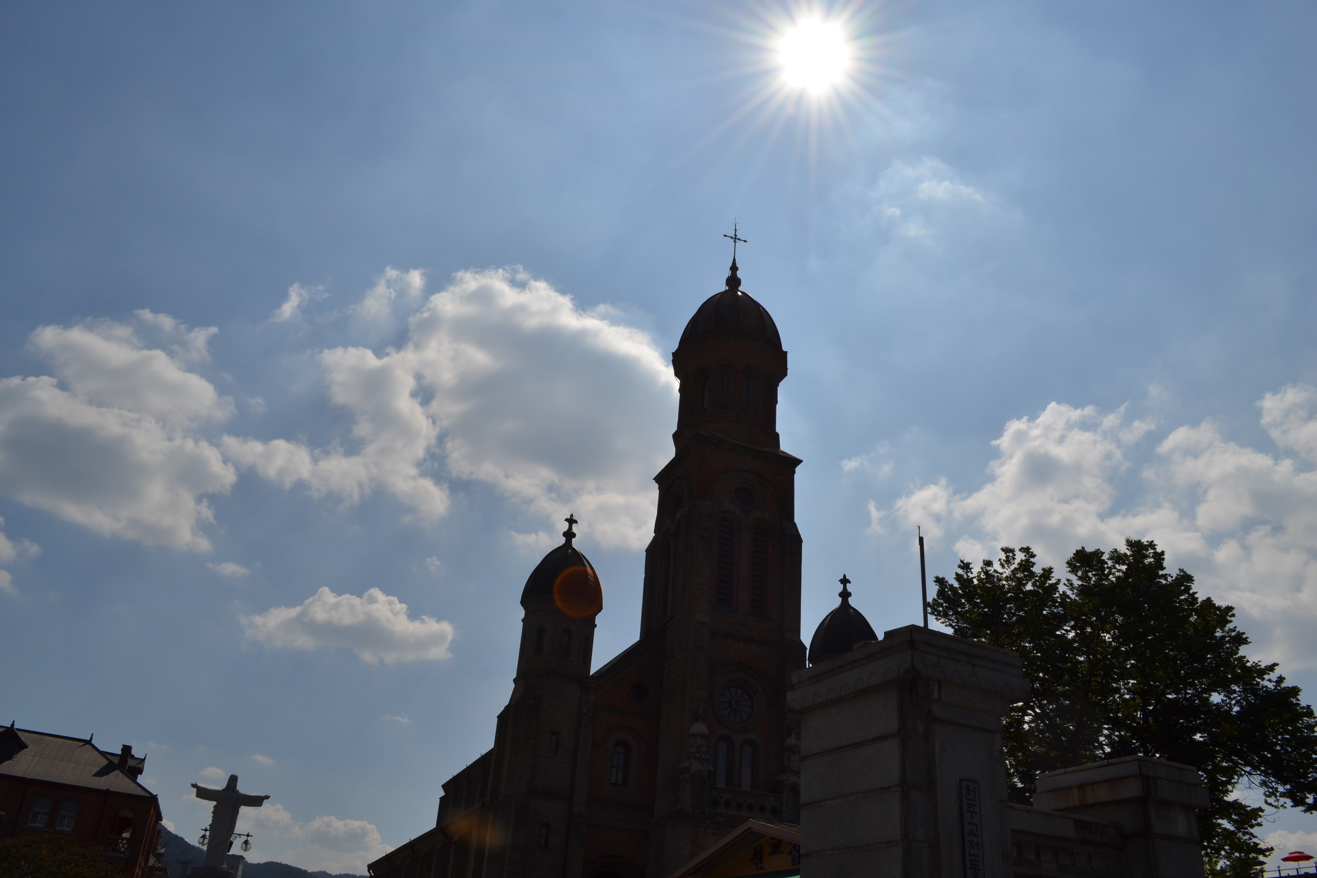 spire, tower, place of worship, 4K, low angle view, spirituality, lens flare, hanok village, built structure, no people, dome, nature, sun, belief, building exterior, HD Wallpaper