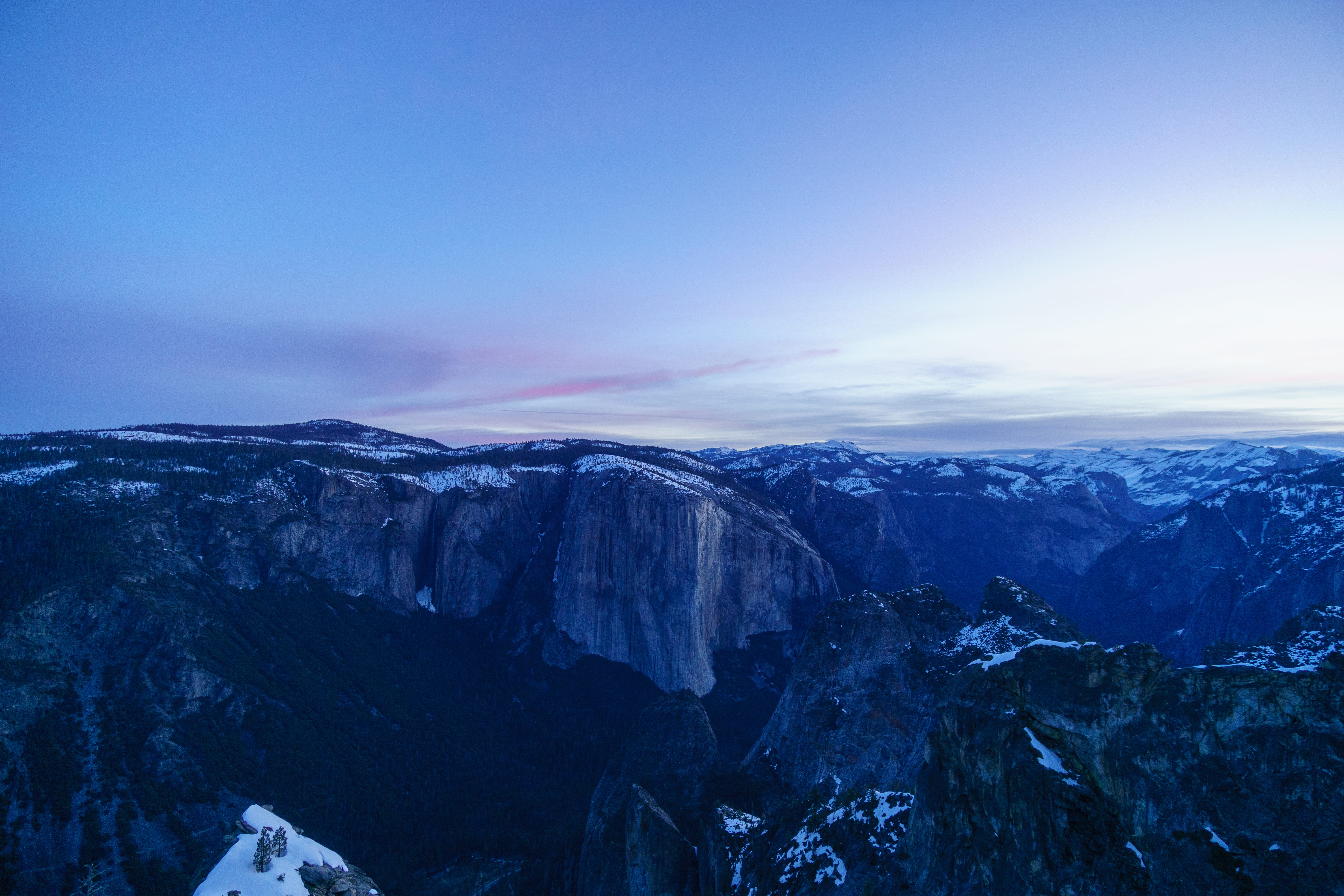 el capitan at dawn, tranquil scene, mountains, remote, mountain, snowcapped mountain, rock - object, mountain range, yosemite, cliff, no people, dawn, blue, HD Wallpaper