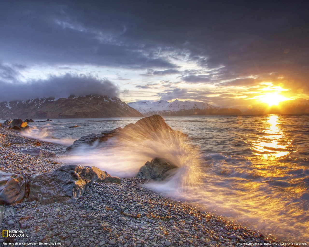 nature, motion, wave, horizon over water, Alaska, sunset, outdoors, tranquil scene, coast, sunlight, pebbles, water, no people, sun, tranquility, non-urban scene, HD Wallpaper