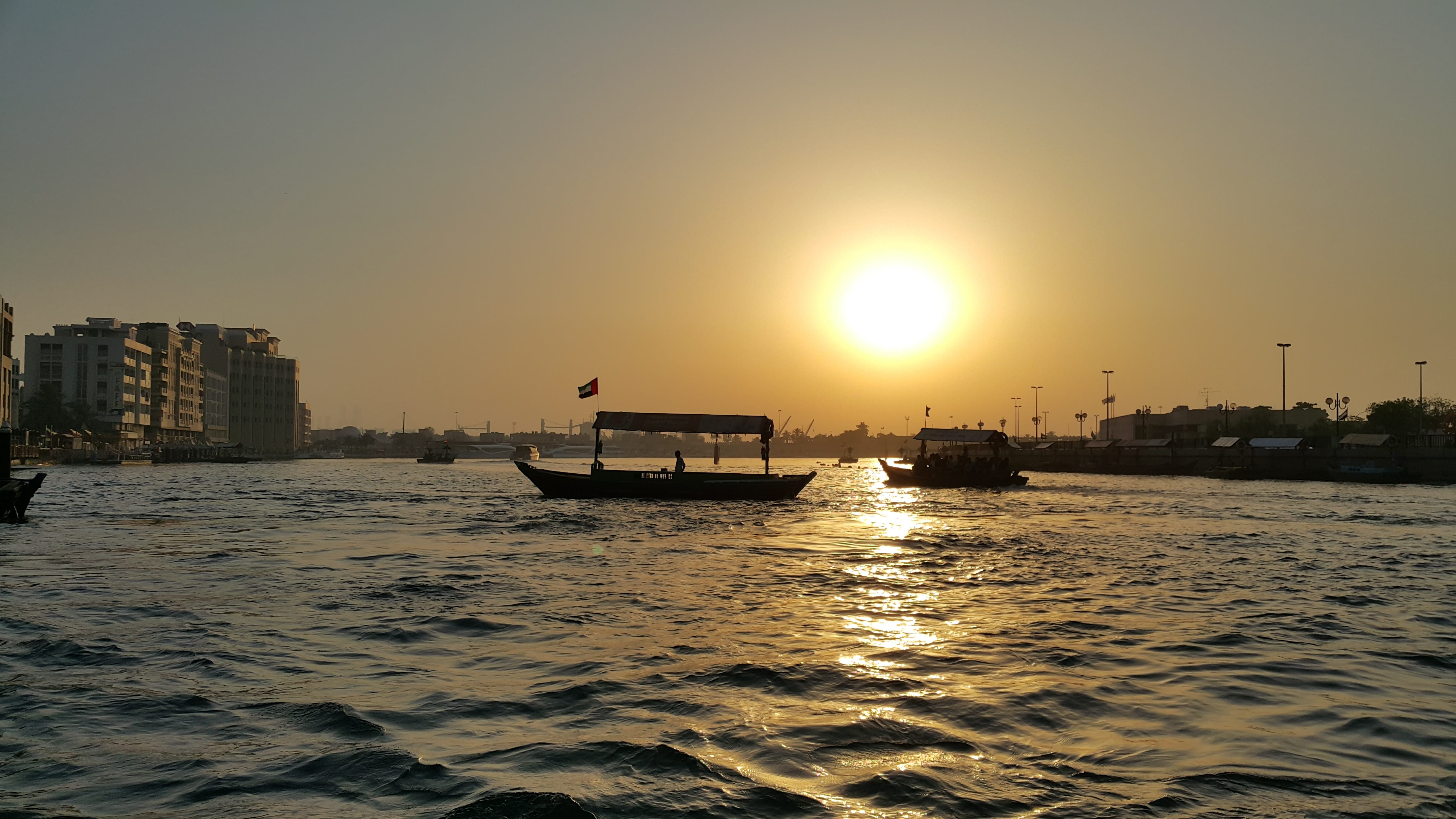 waterfront, sun, orange color, dhow, river, sunset, mode of transportation, transportation, beauty in nature, built structure, water, dubai, scenics - nature, HD Wallpaper